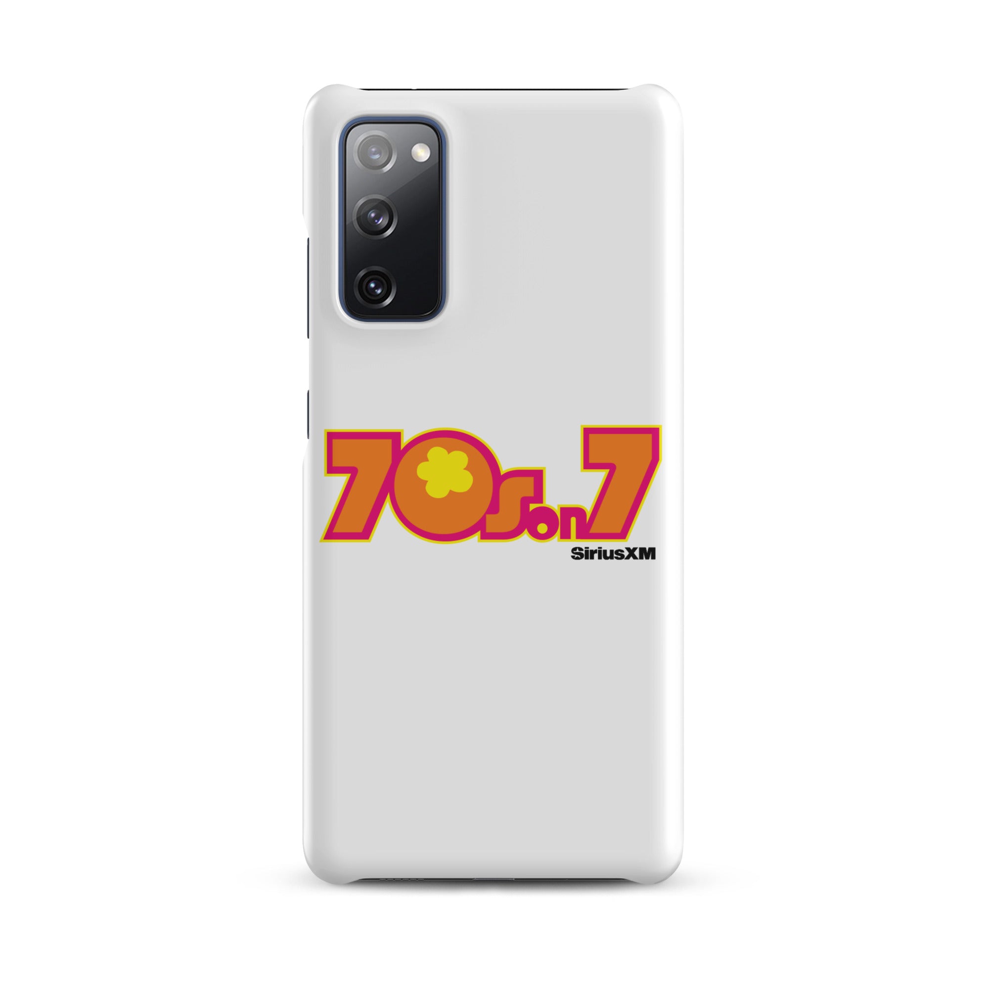 White phone case featuring '70s on 7' logo with colorful orange design and 'SiriusXM' branding.