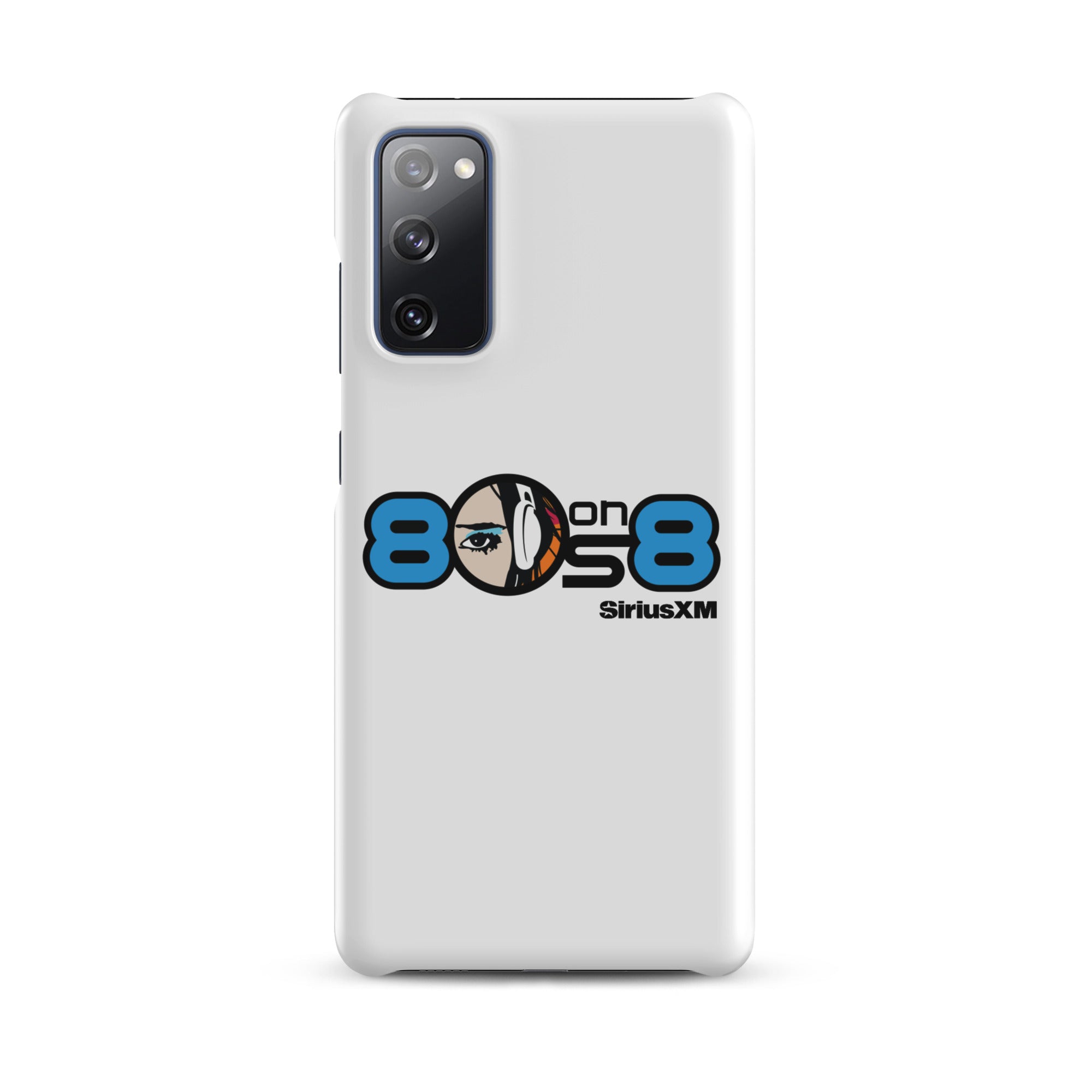 White phone case featuring the '80s on 8 SiriusXM' logo with a stylized face and headphones design.