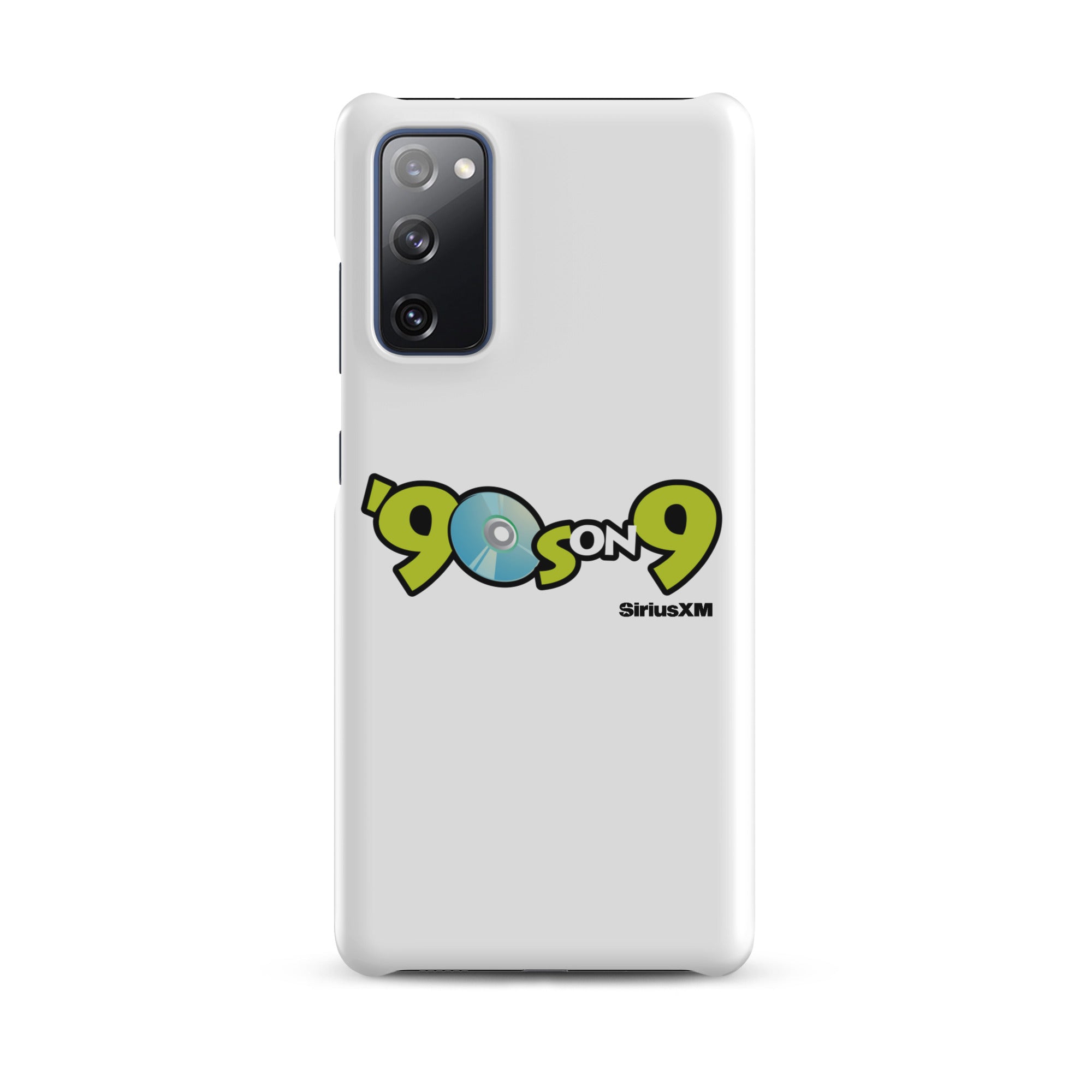 White phone case featuring the '90s on 9 SiriusXM' logo with a blue disc icon.