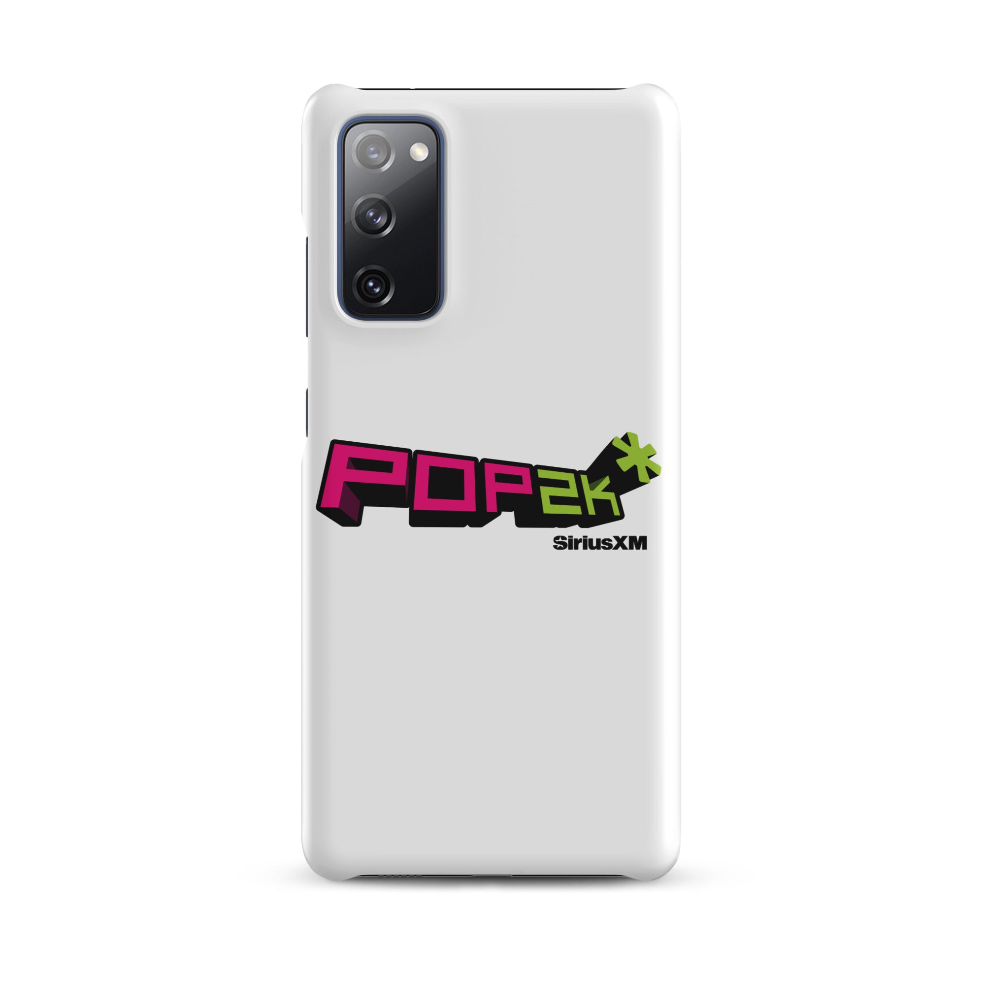 White phone case featuring the 'POP2K' logo with 'SiriusXM' branding in bold pink and green colors.