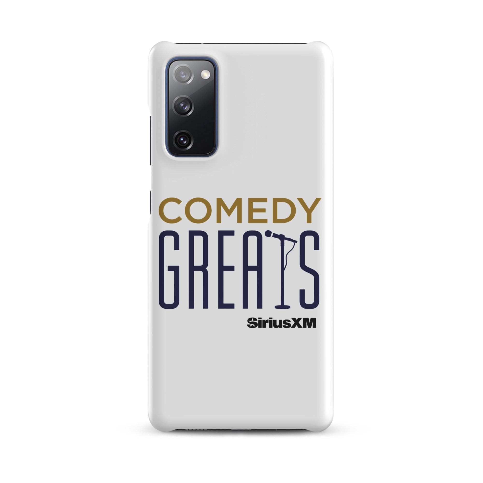 White phone case with 'COMEDY GREATS' logo and a microphone icon, featuring the 'SiriusXM' logo.