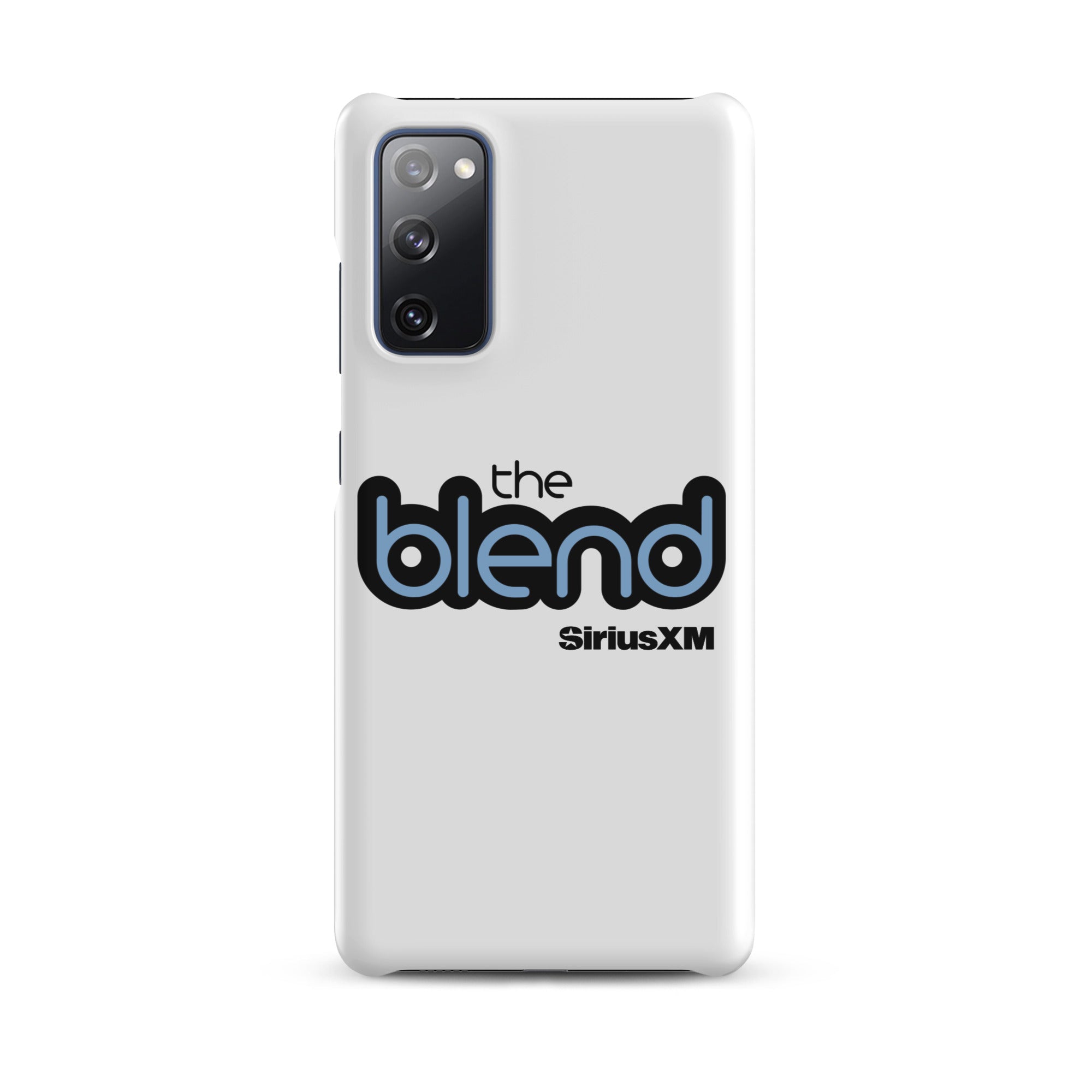 White phone case featuring the logo 'the blend' and 'SiriusXM' in blue and black text.