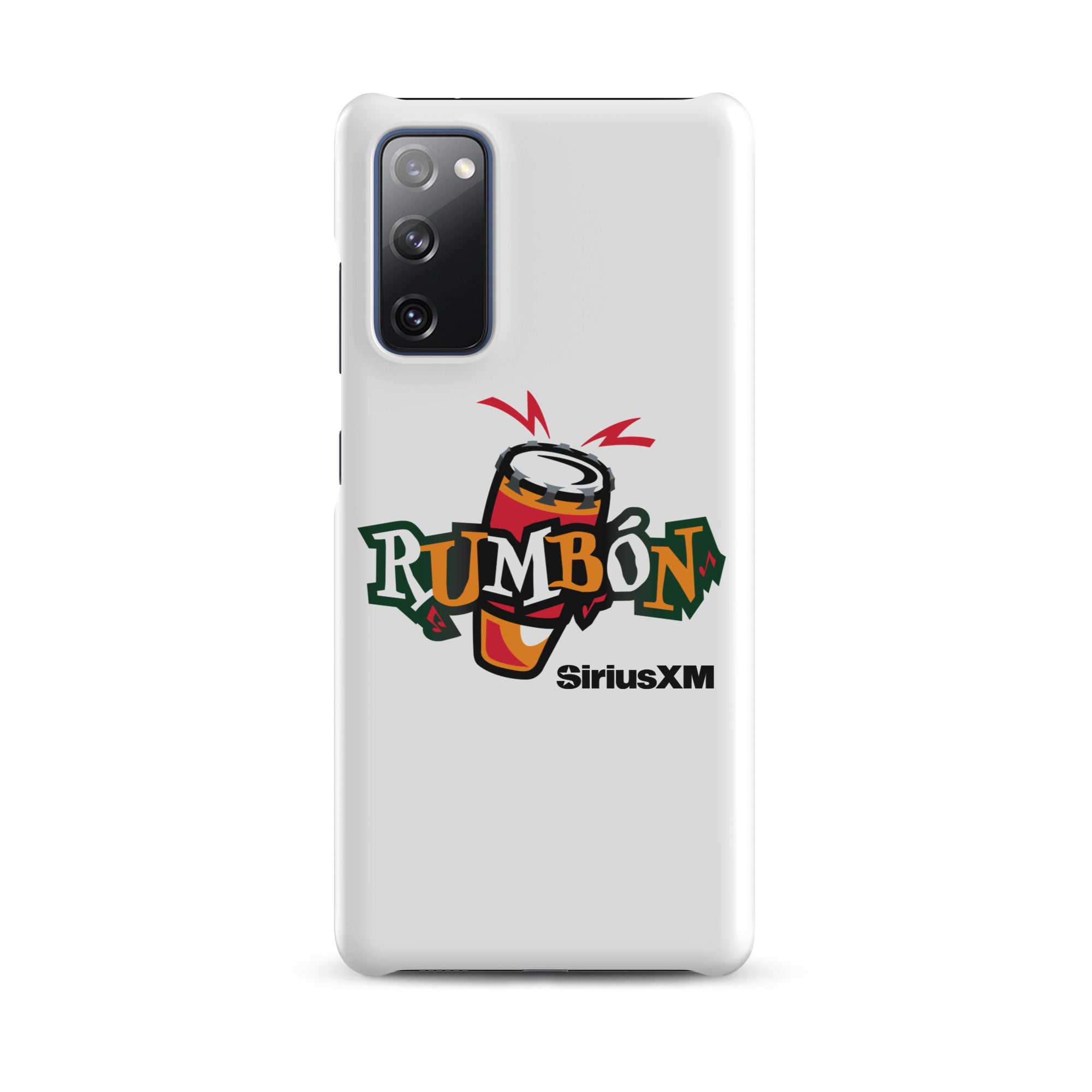 White phone case featuring a colorful 'Rumbón' logo with a conga drum and 'SiriusXM' branding.