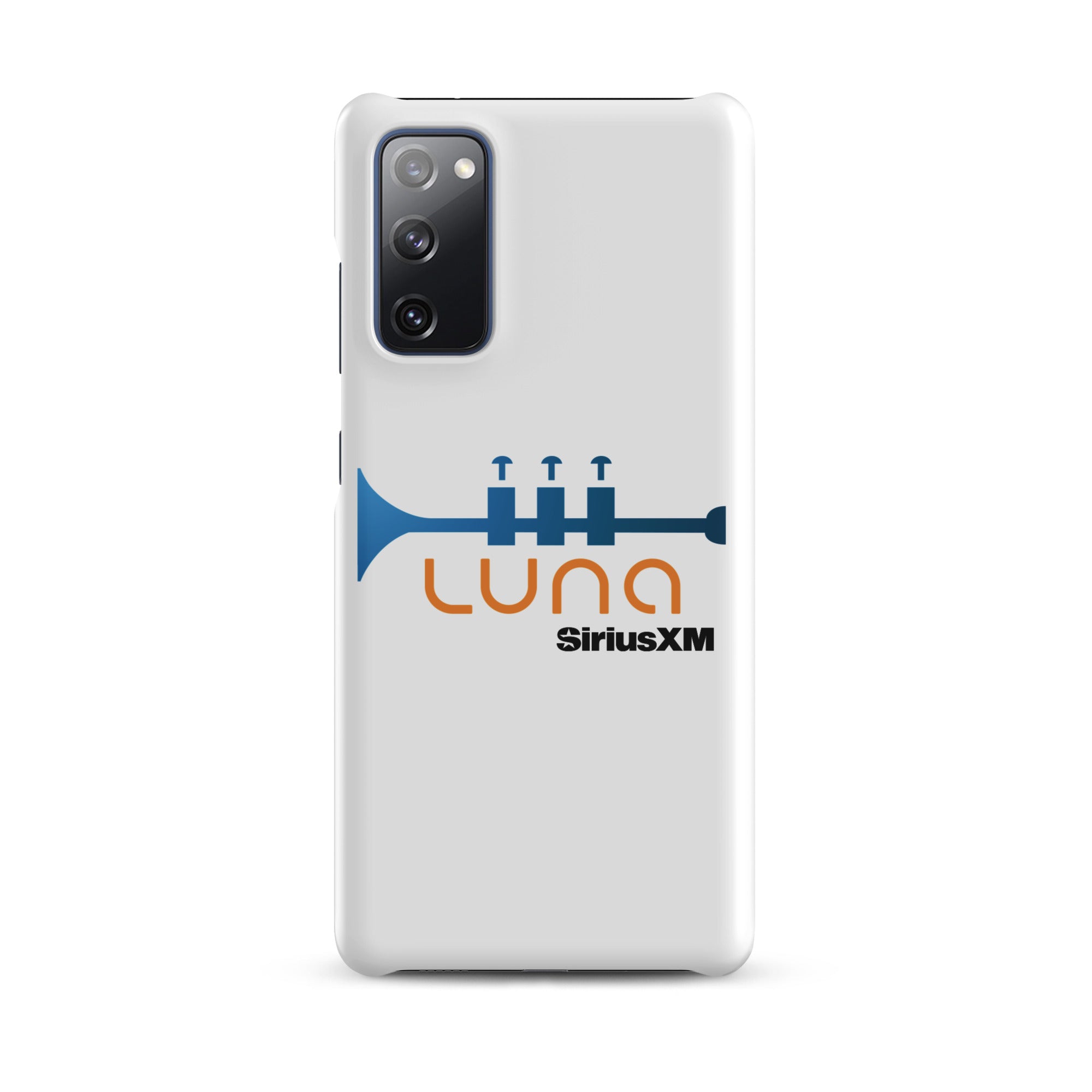 White phone case featuring a blue trumpet graphic and the logo 'LUNA SiriusXM' in orange and black.