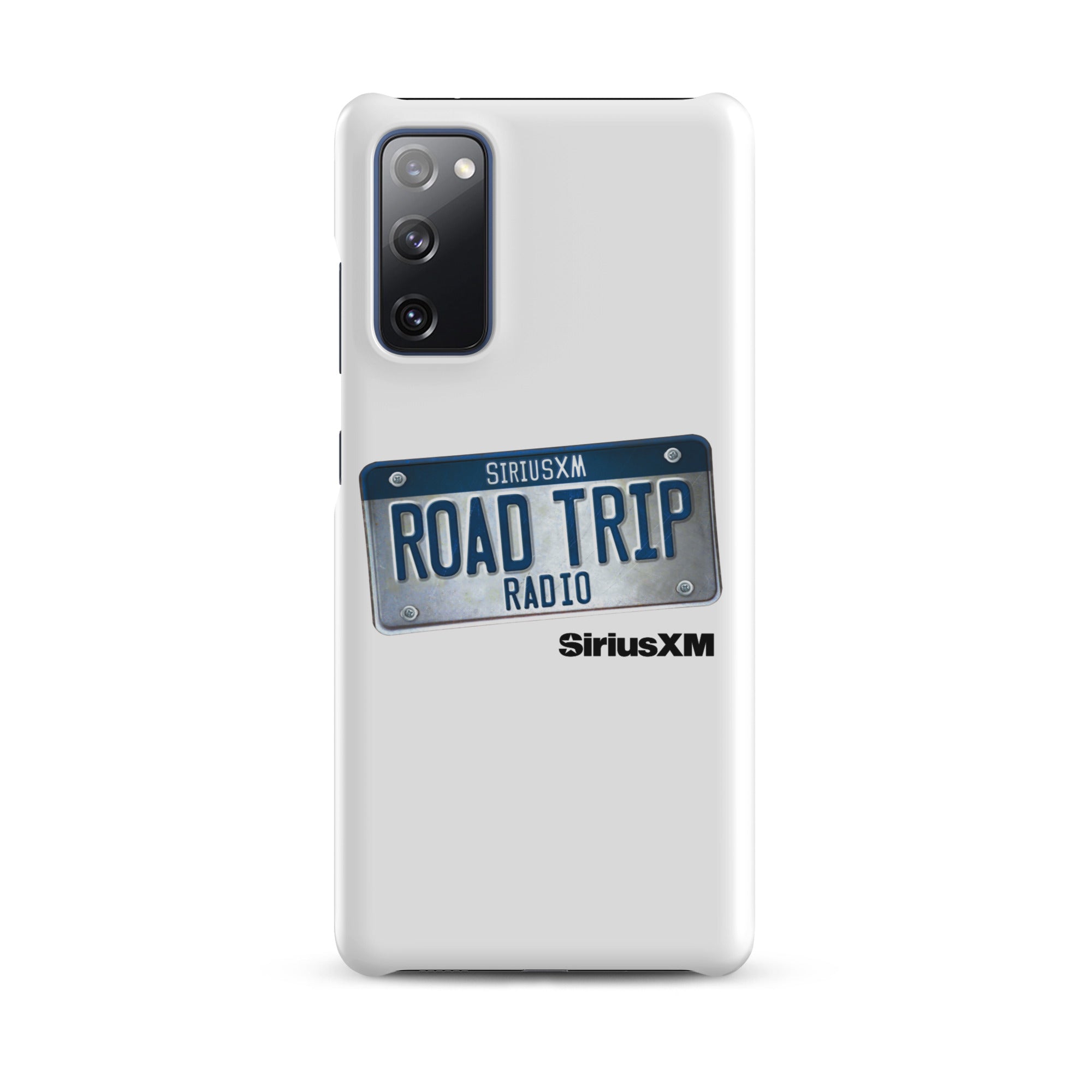 A white phone case featuring a license plate design with 'ROAD TRIP RADIO' and 'SiriusXM' branding.