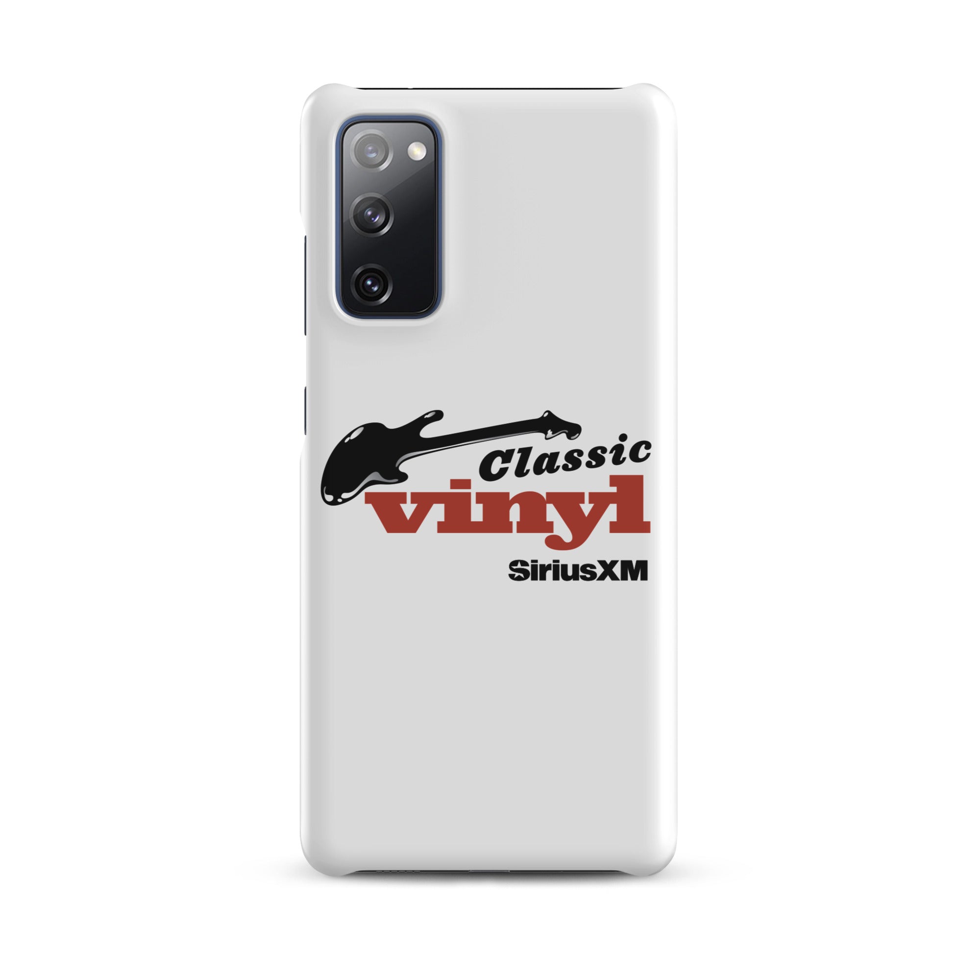 White phone case featuring 'Classic Vinyl' logo in red and black, and a black guitar graphic, with 'SiriusXM' logo.