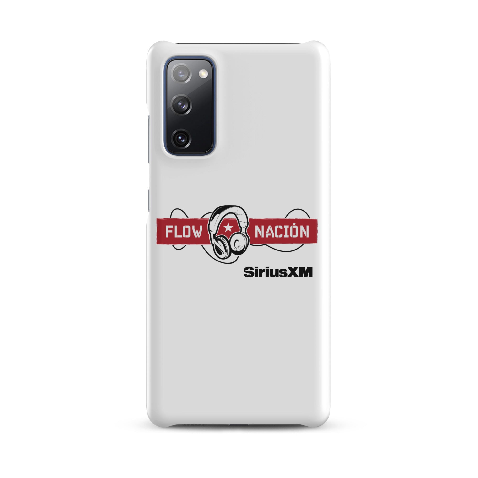 A white phone case featuring the 'FLOW NACIÓN' logo with headphones and the 'SiriusXM' branding.