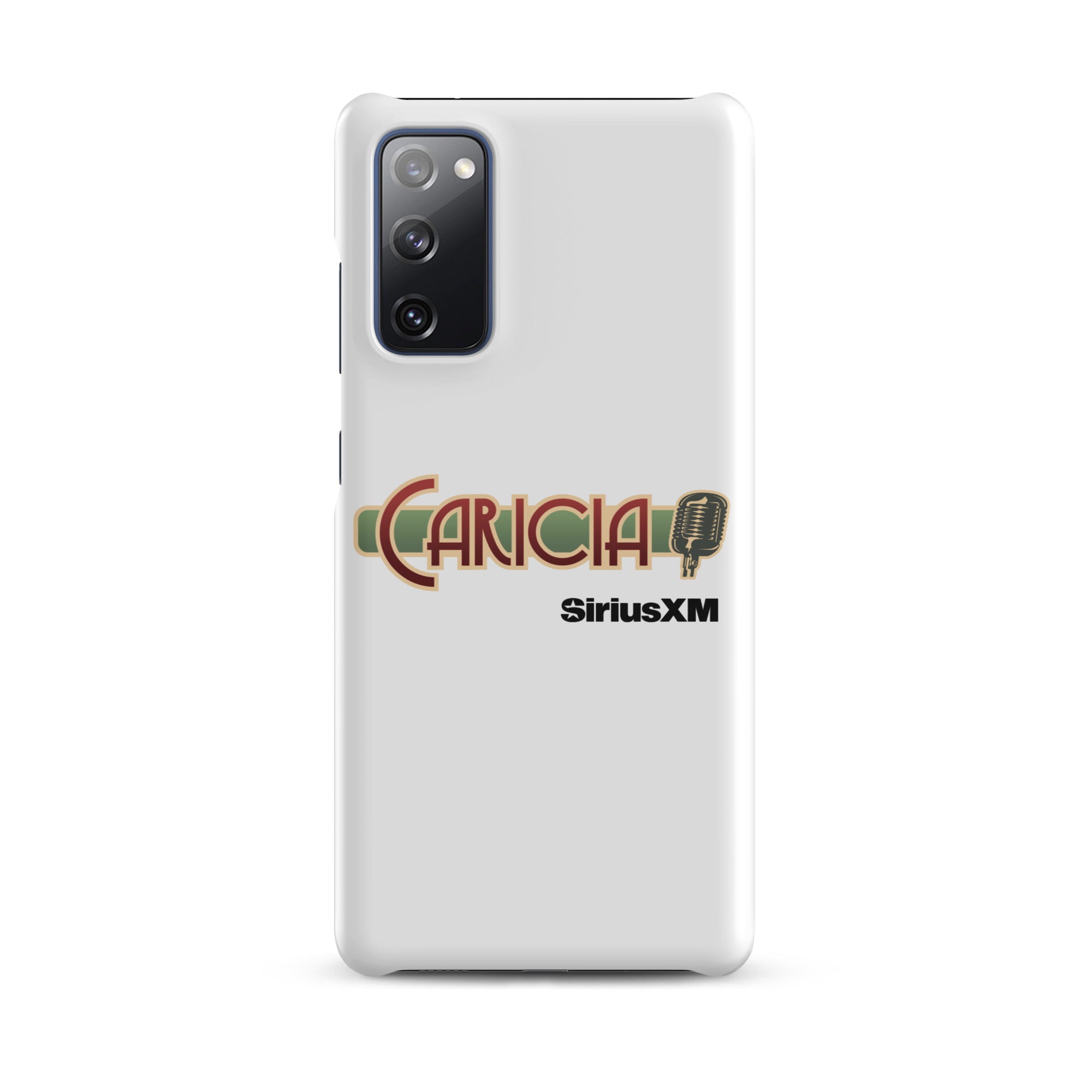 White phone case featuring the text 'CARICIA' and 'SiriusXM' with a microphone graphic.