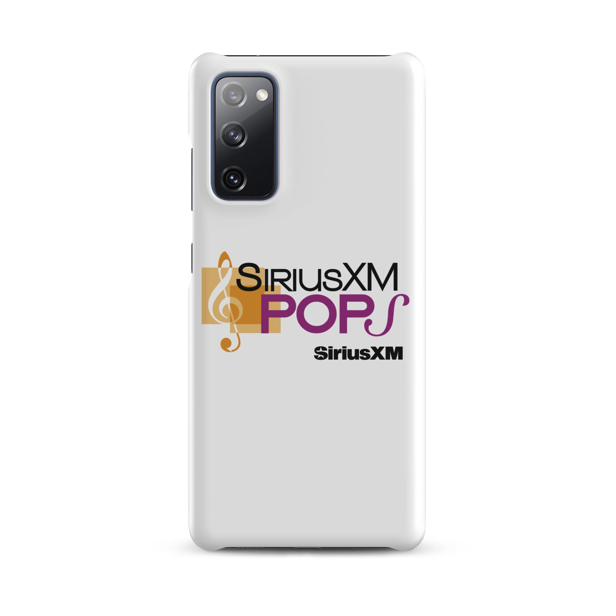 White phone case with 'SiriusXM Pops' logo featuring musical notes and 'SiriusXM' branding.