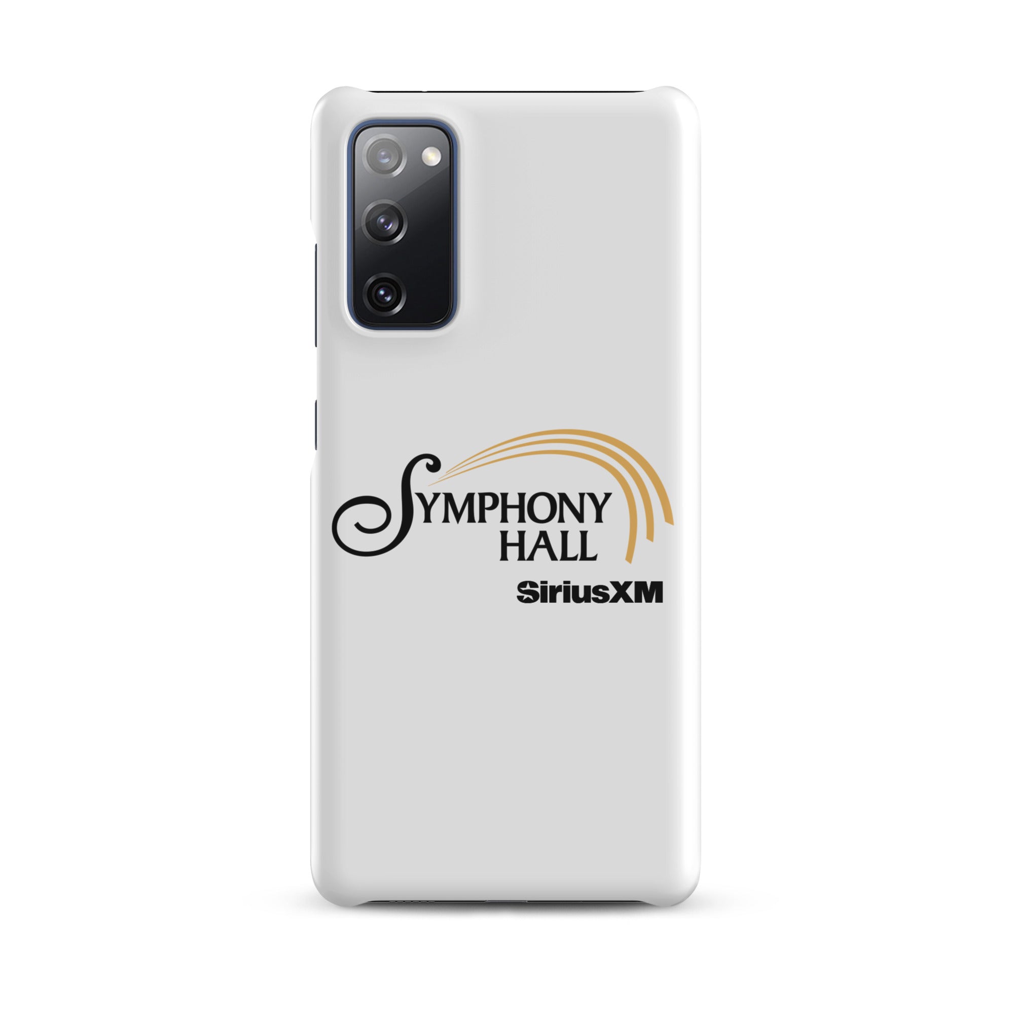 White phone case featuring the words 'Symphony Hall' and 'SiriusXM' in black and gold.