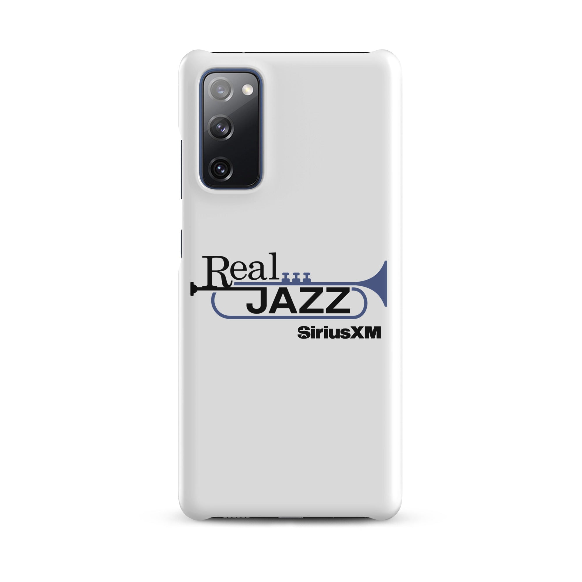 White phone case featuring 'Real Jazz' logo with trumpet and 'SiriusXM' text.