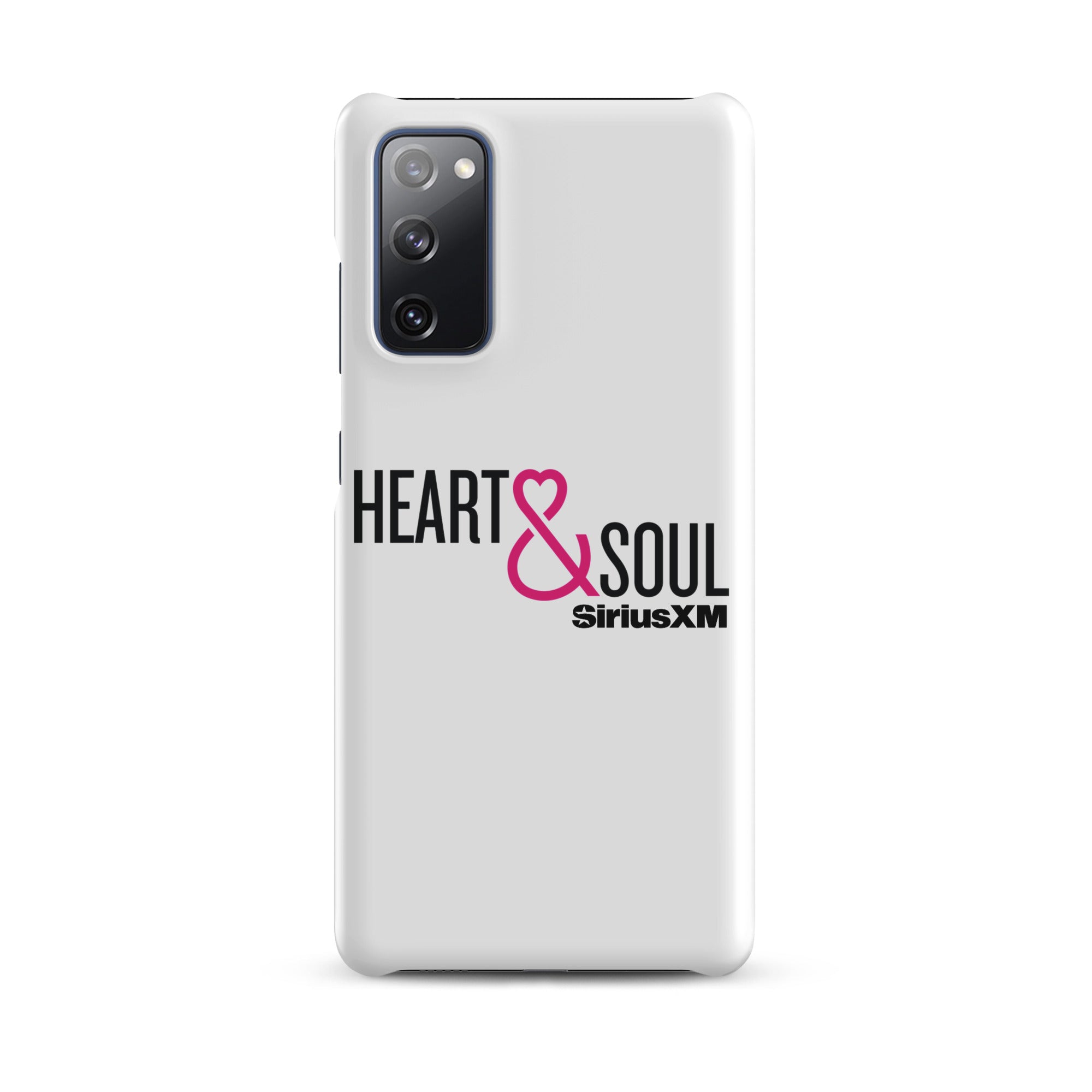 White phone case featuring 'HEART & SOUL' in black and pink text, with 'SiriusXM' logo.