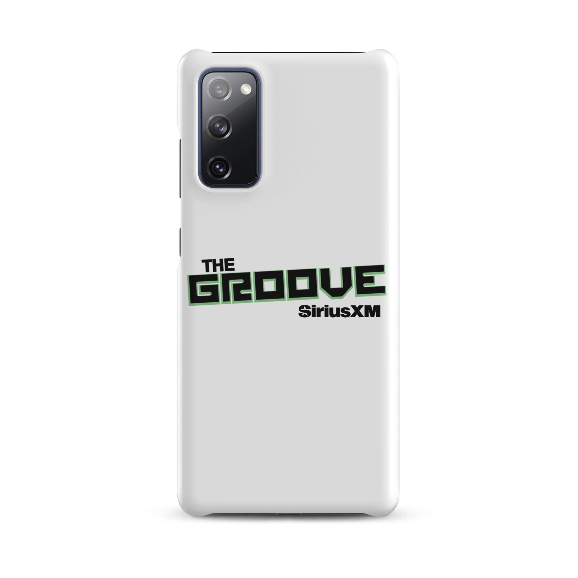 White phone case featuring 'THE GROOVE' and 'SiriusXM' logos in green and black.