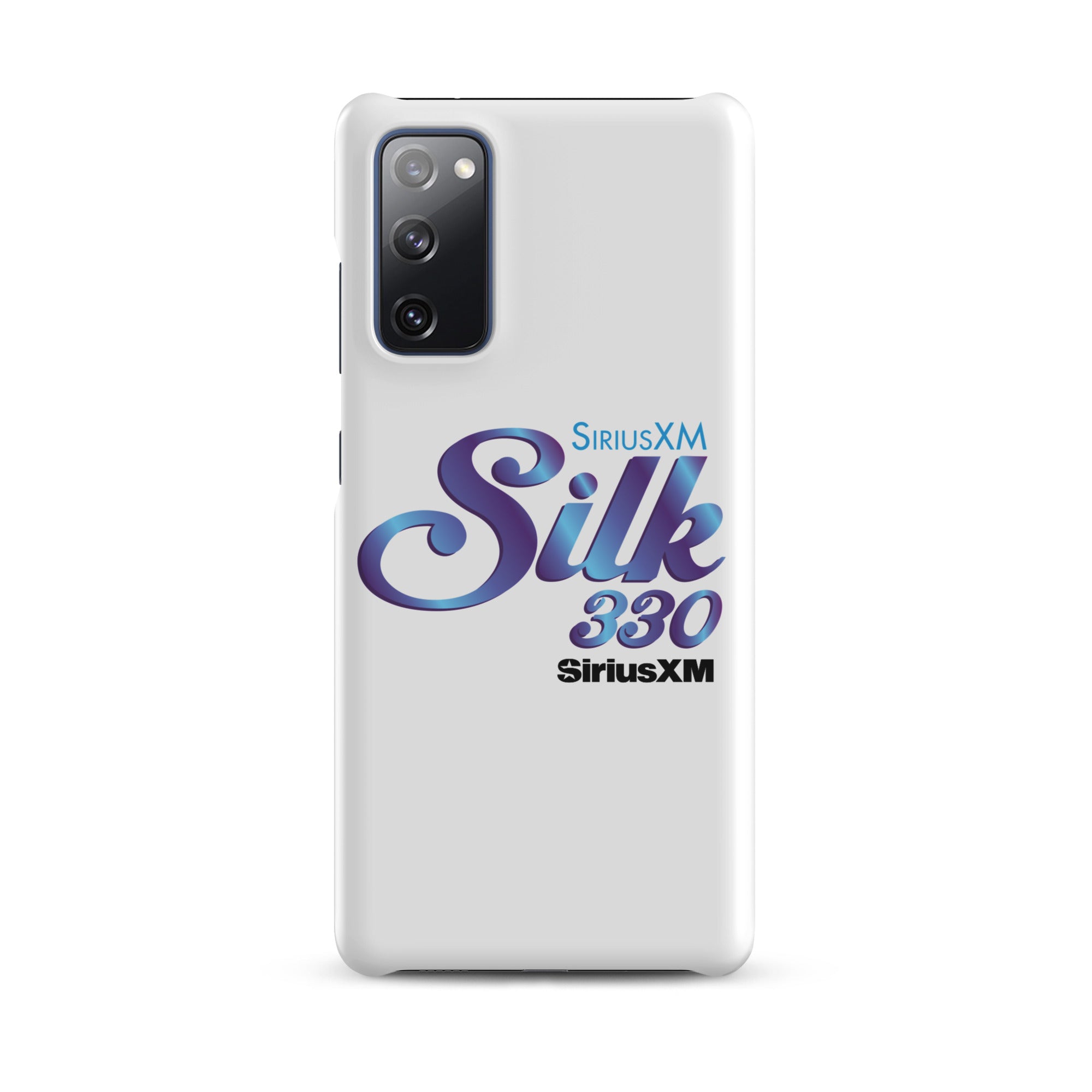 White phone case featuring 'SiriusXM Silk 330' logo in purple and 'SiriusXM' branding in black text.