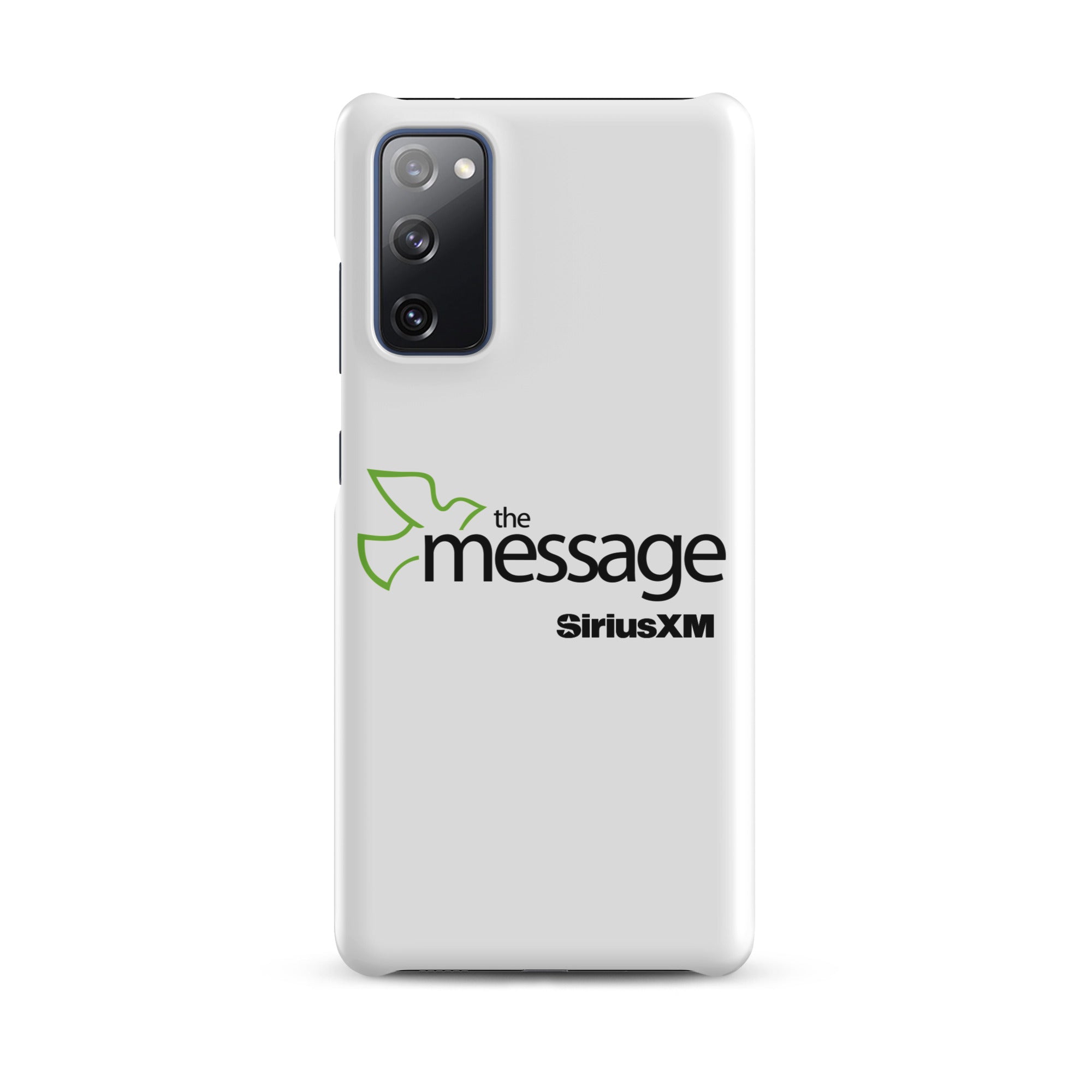 White phone case featuring 'the message' logo alongside 'SiriusXM' branding.