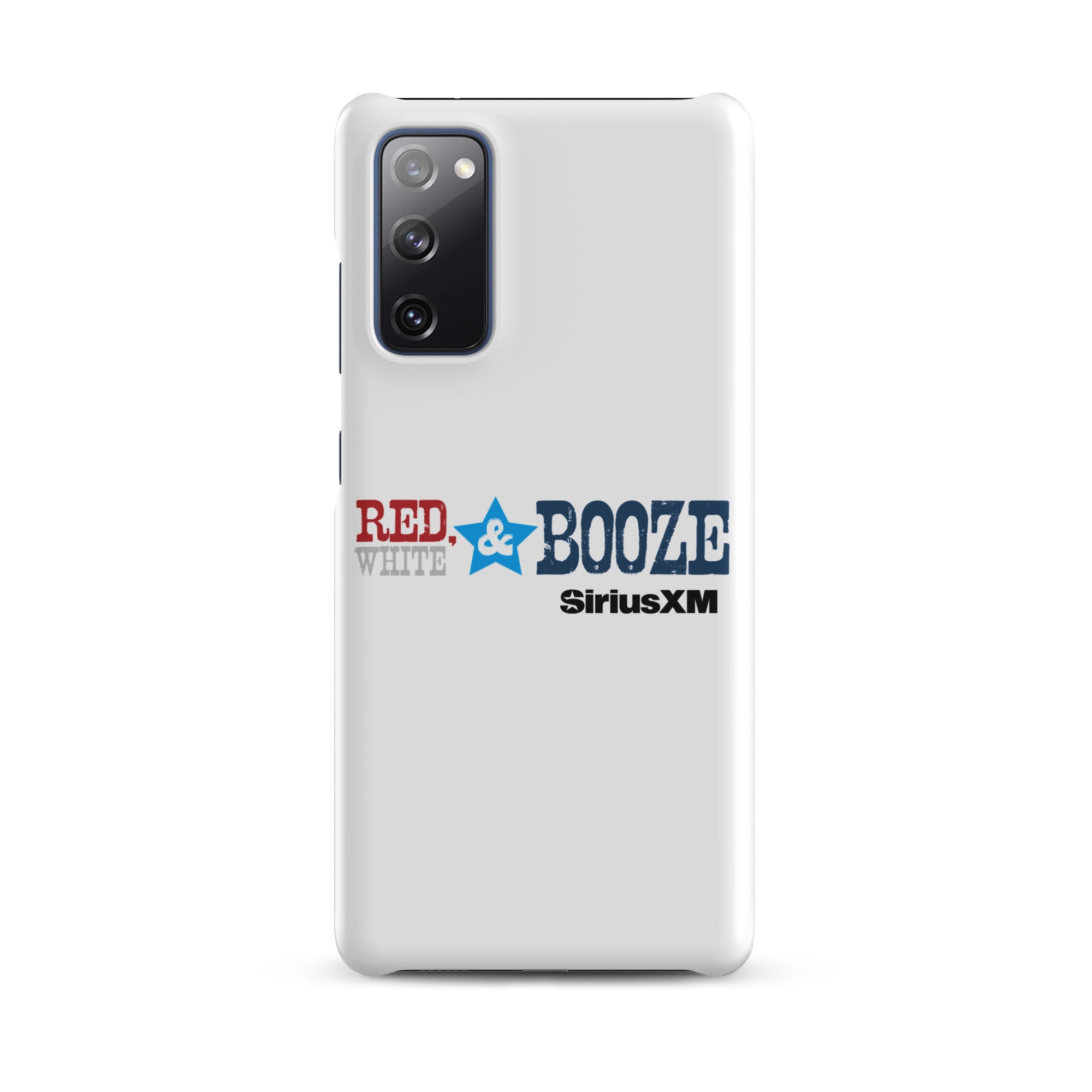 A white phone case featuring the logo 'RED, WHITE & BOOZE' along with 'SiriusXM' logo.