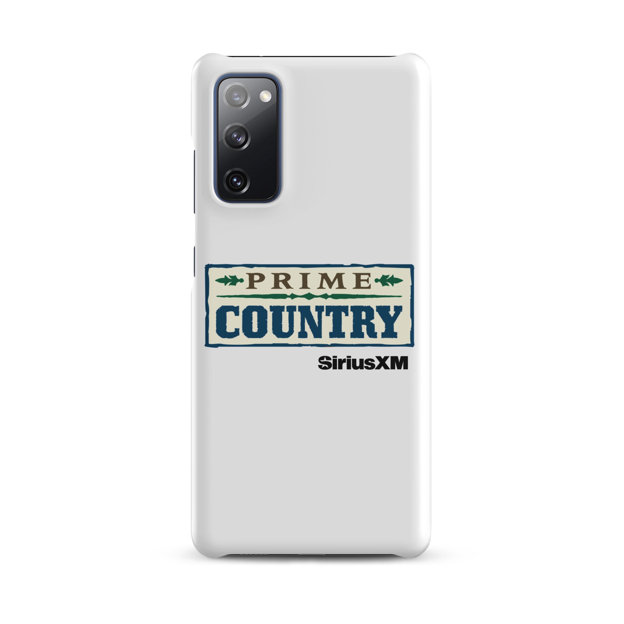 White phone case featuring the 'Prime Country' logo and 'SiriusXM' branding.