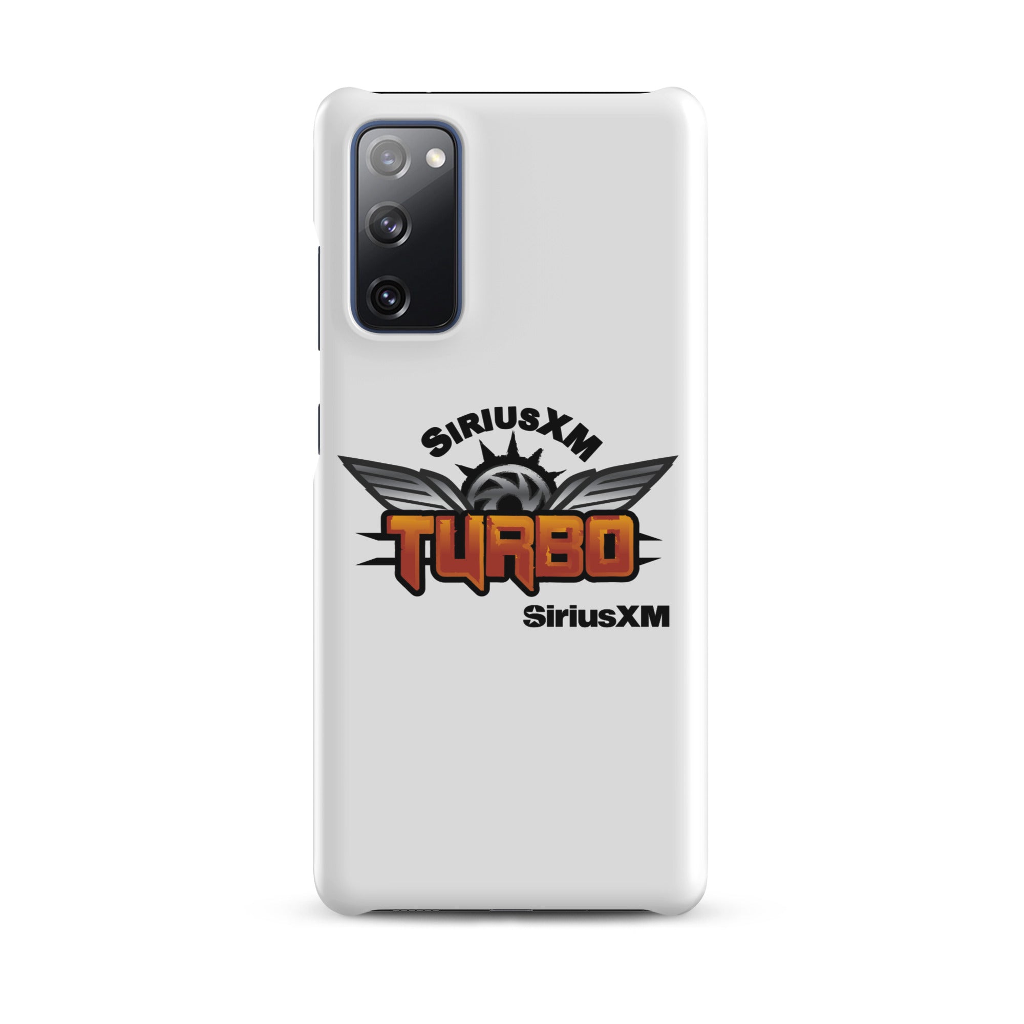 White phone case featuring 'SiriusXM Turbo' logo with wings and sun graphics and 'SiriusXM' branding.