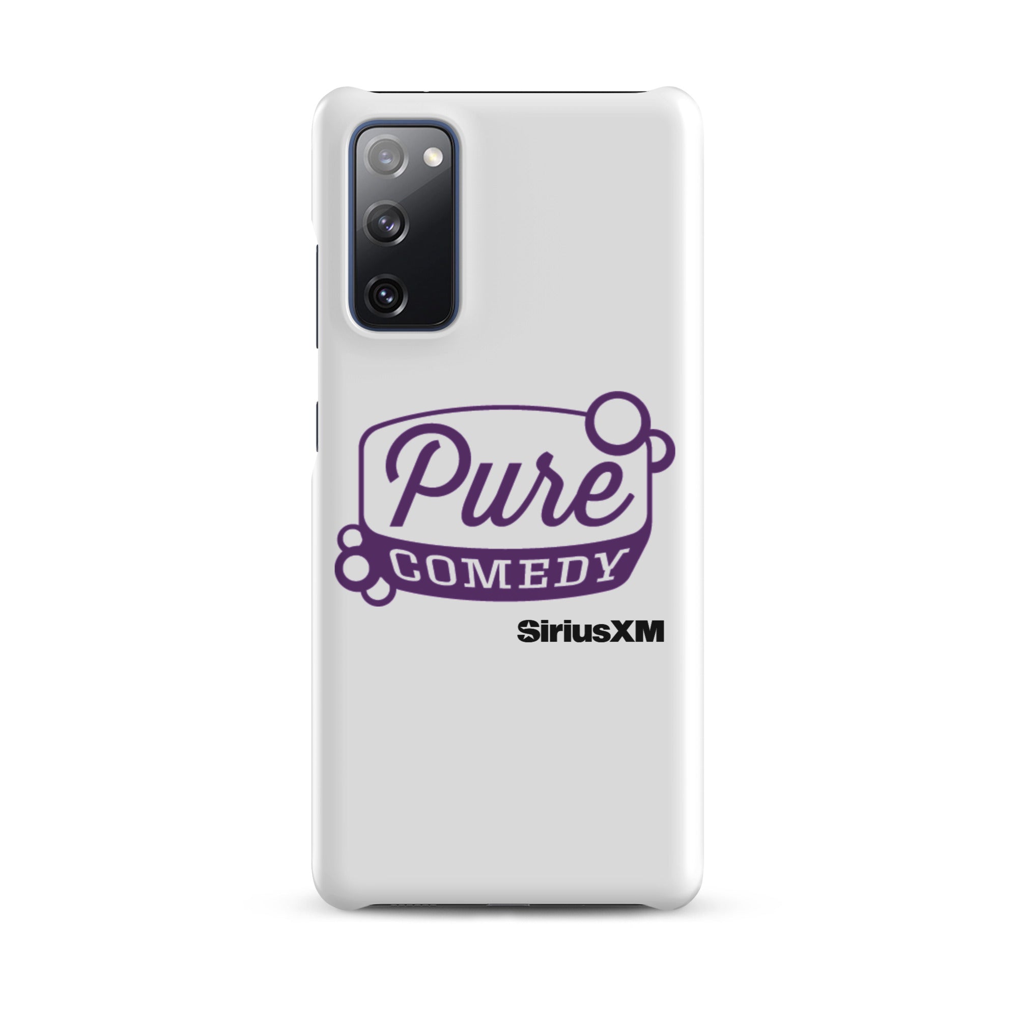 White phone case featuring 'Pure Comedy' in purple text and the 'SiriusXM' logo.