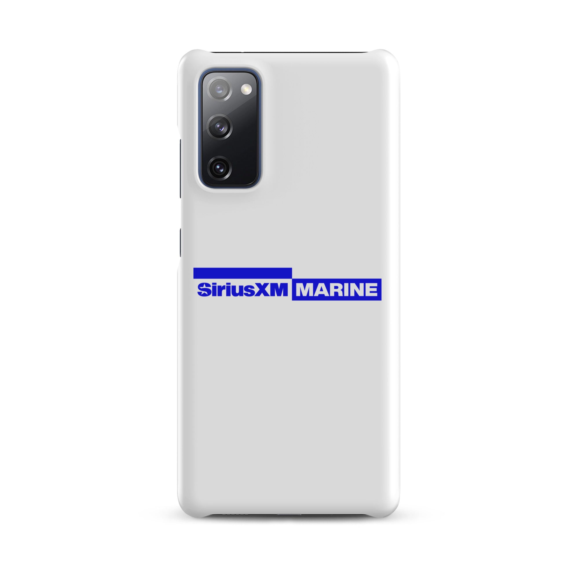 White phone case featuring the SiriusXM Marine logo in blue.