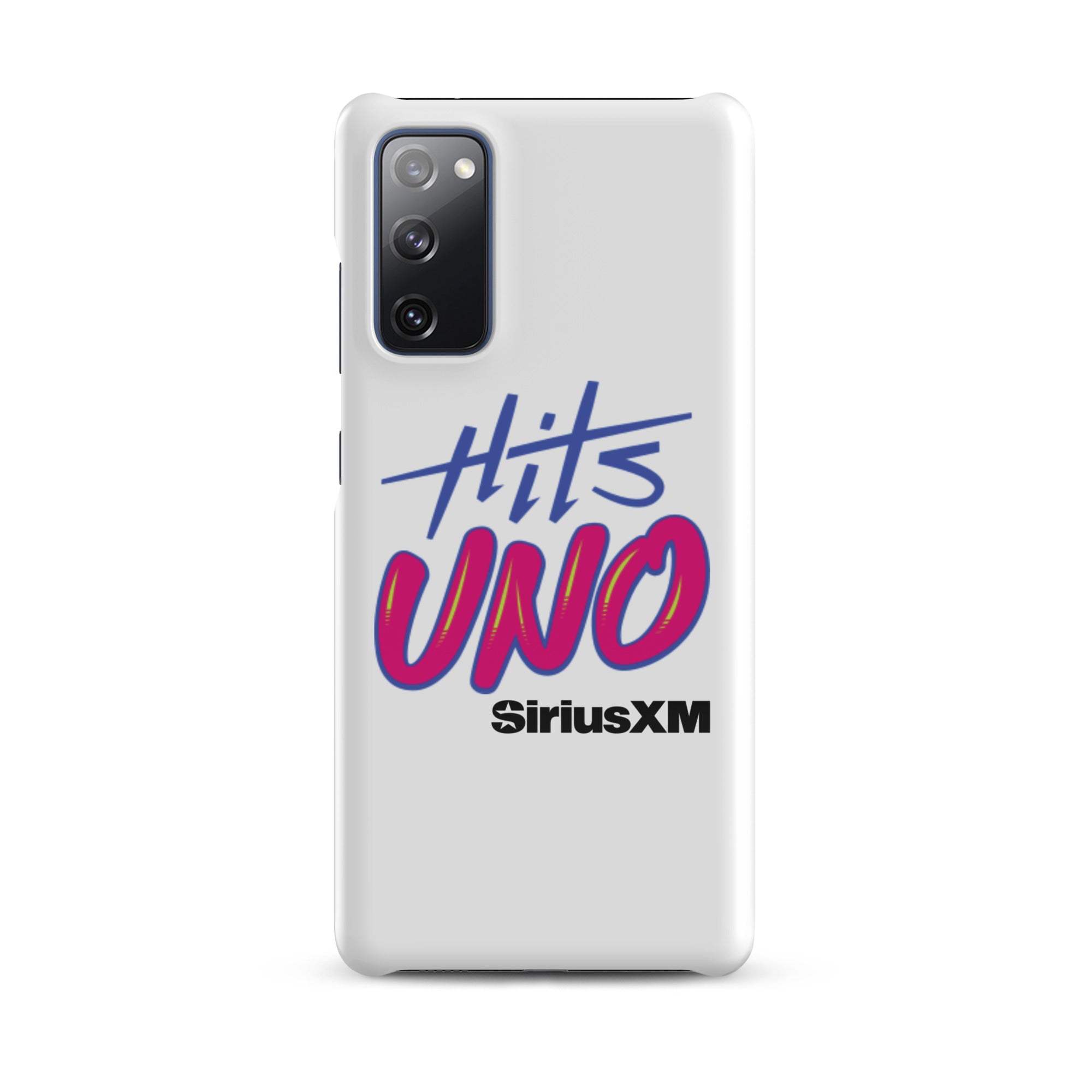 Phone case design featuring 'Hits UNO' and 'SiriusXM' in vibrant blue and pink colors on a white background.