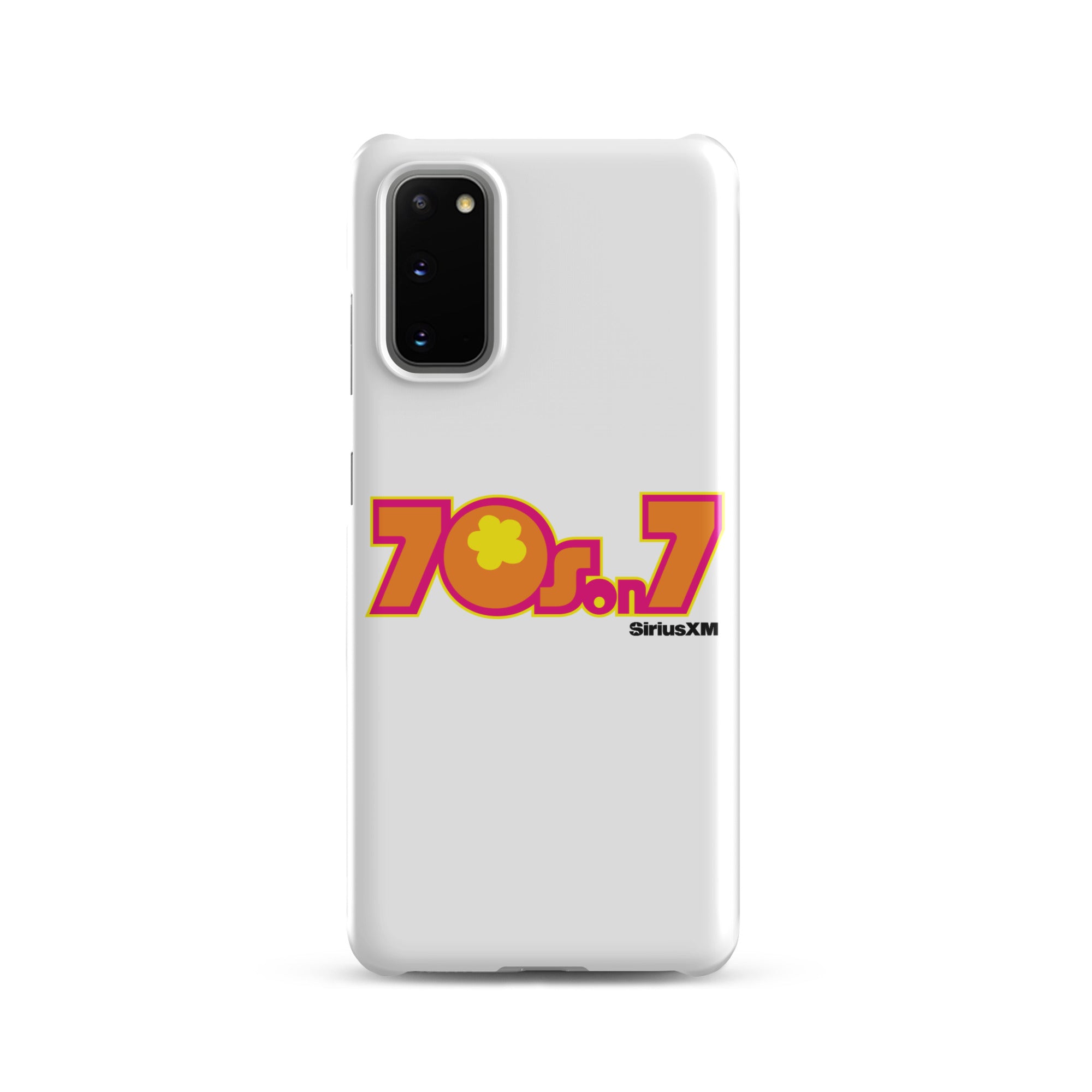 White phone case featuring '70s on 7' logo with colorful orange design and 'SiriusXM' branding.