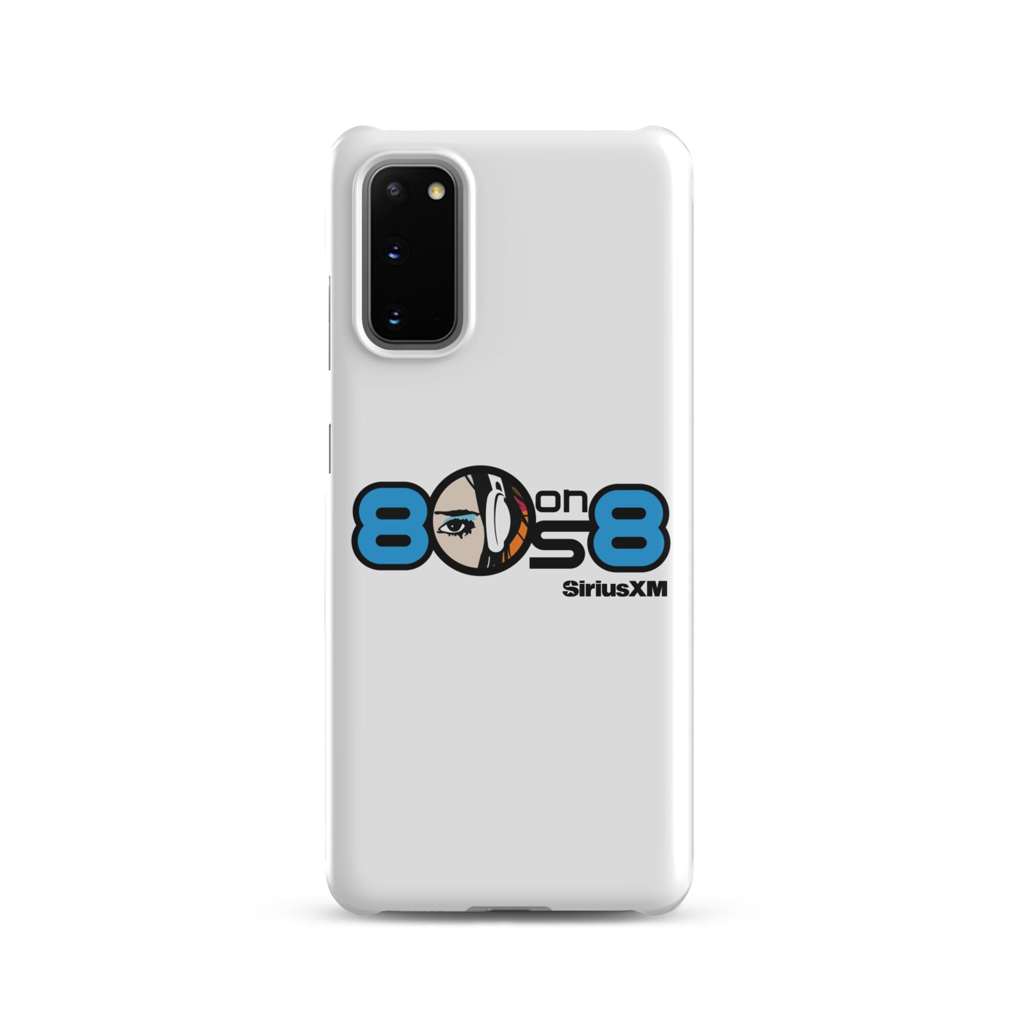 White phone case featuring the '80s on 8 SiriusXM' logo with a stylized face and headphones design.