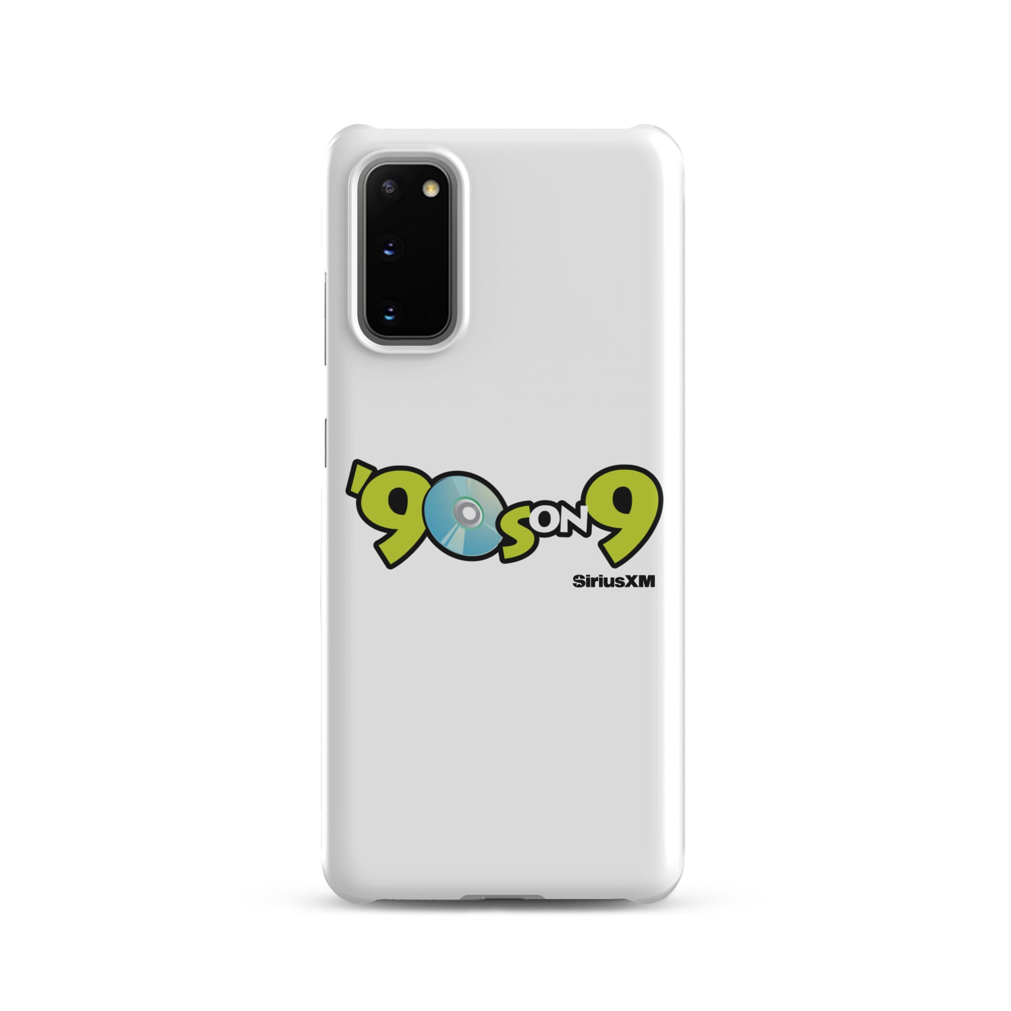 White phone case featuring the '90s on 9 SiriusXM' logo with a blue disc icon.