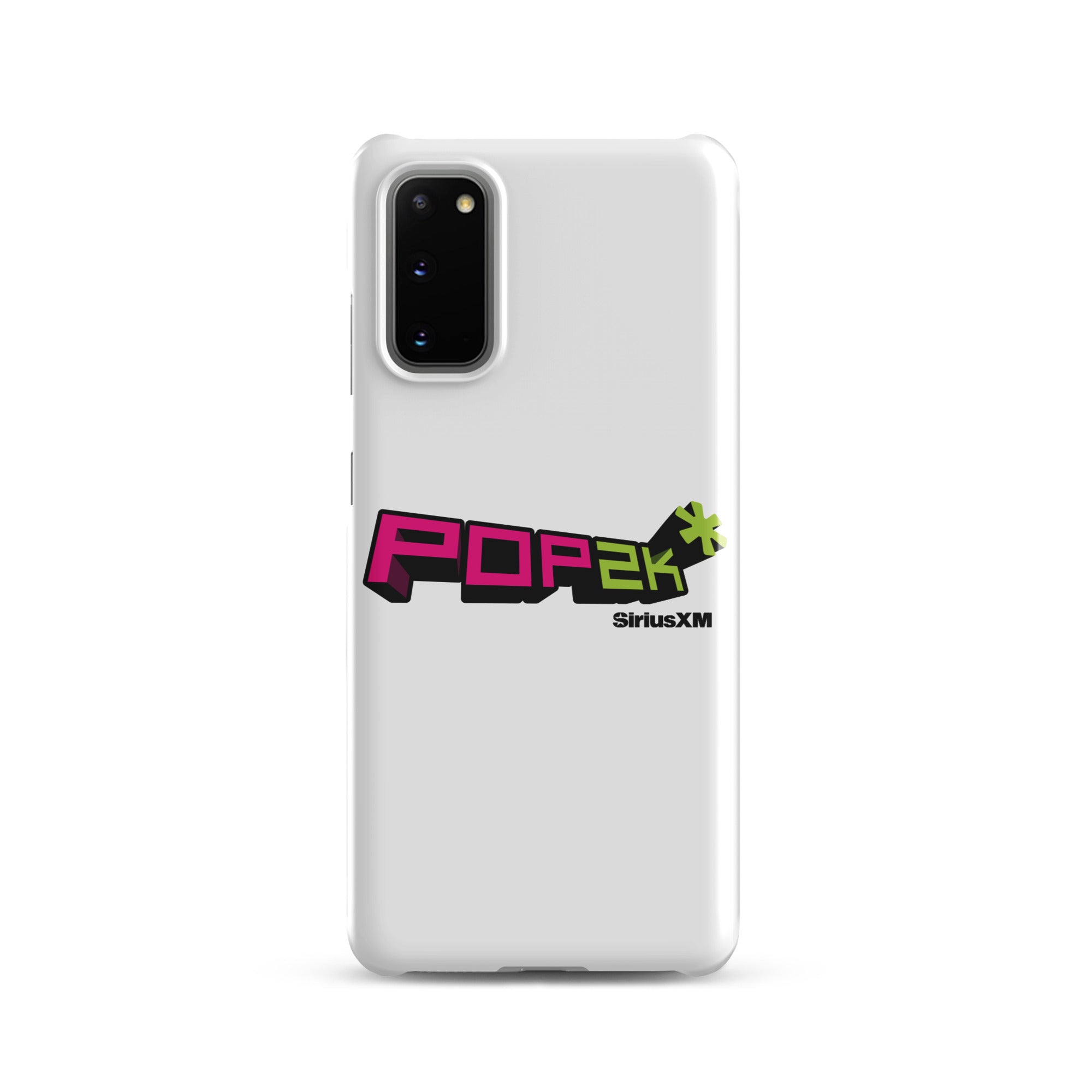 White phone case featuring the 'POP2K' logo with 'SiriusXM' branding in bold pink and green colors.