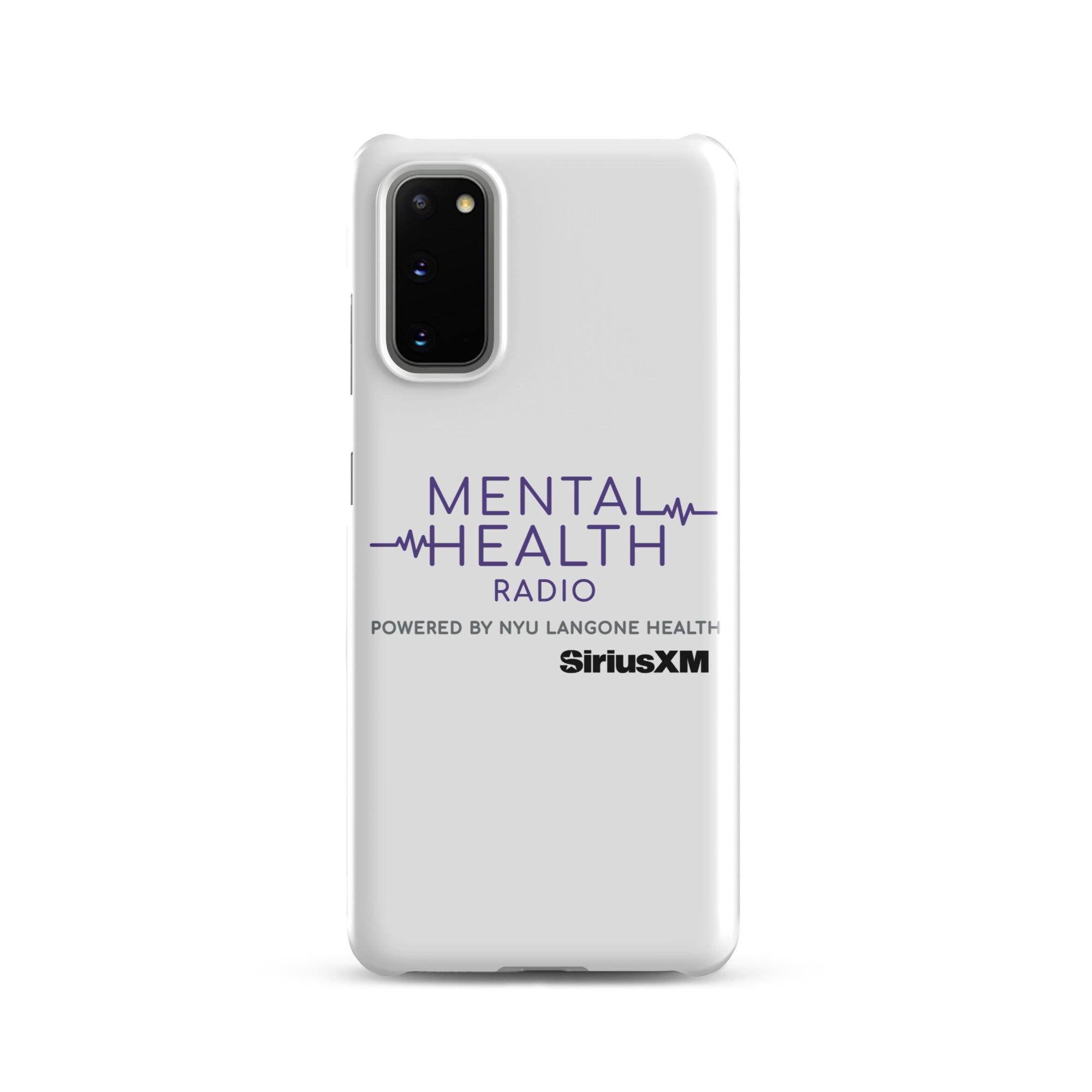 White phone case featuring 'MENTAL HEALTH RADIO powered by NYU Langone Health' logo and 'SiriusXM' branding.