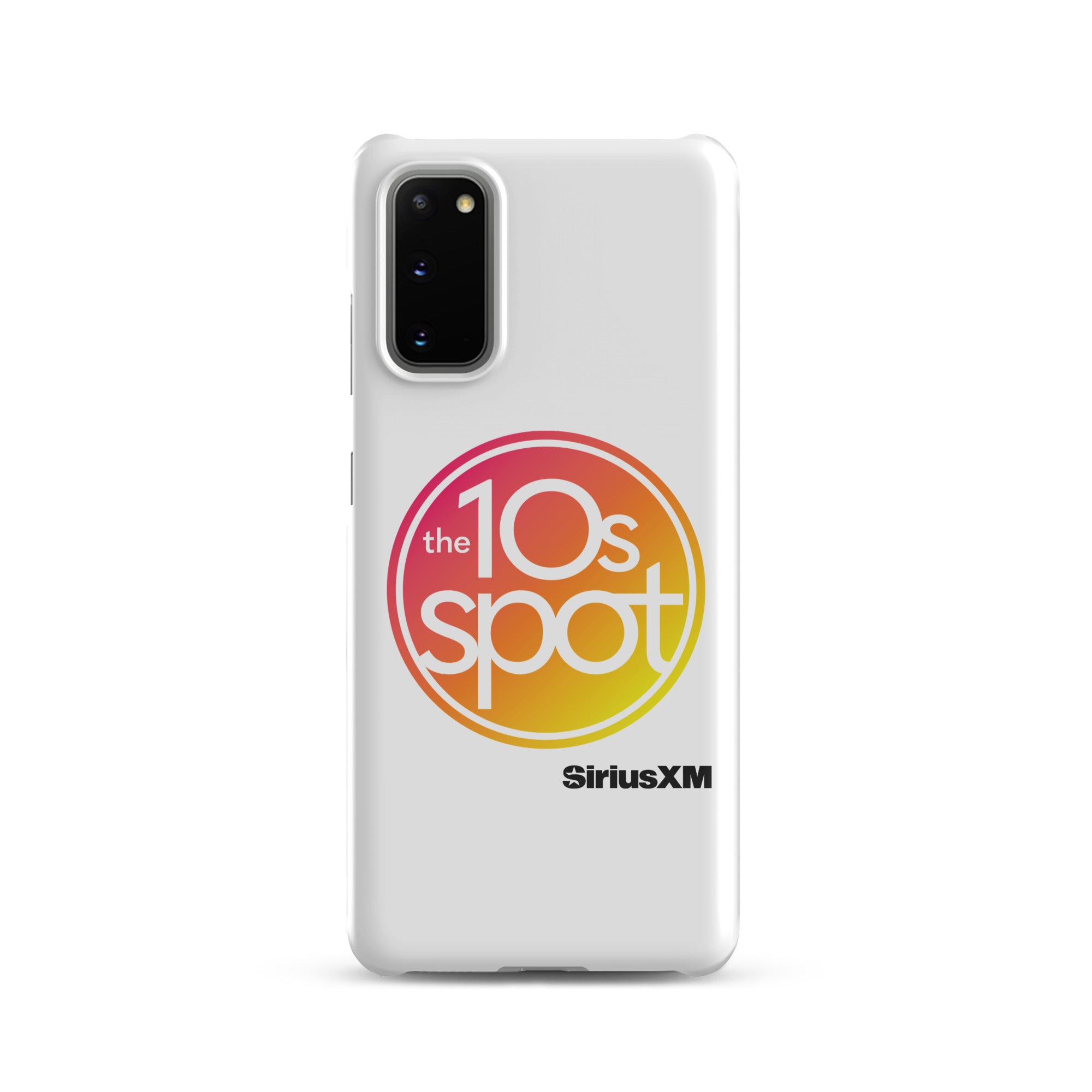 White phone case featuring 'the 10s spot' logo in a pink and yellow gradient and 'SiriusXM' branding.