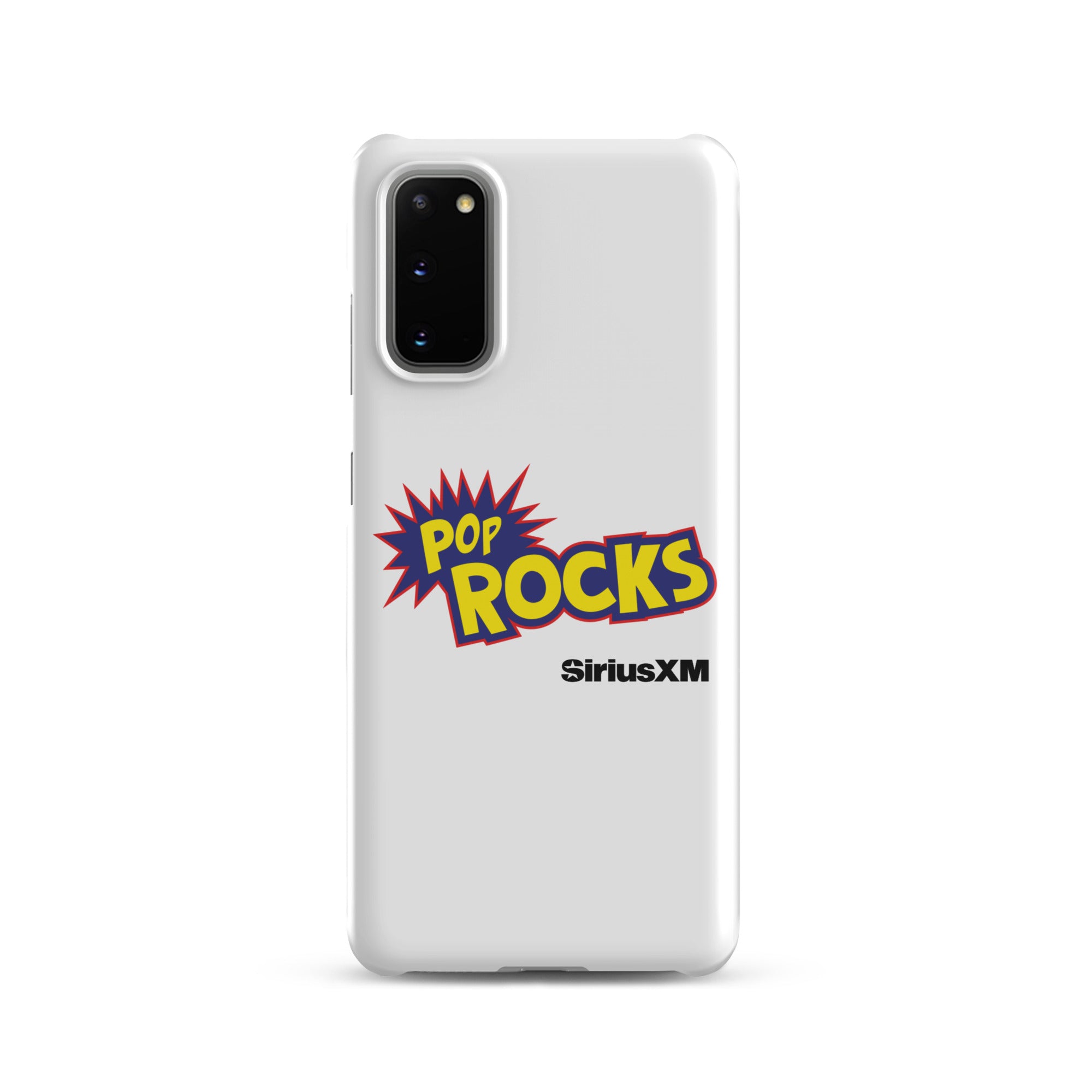 A white phone case featuring 'Pop Rocks' explosion graphic design  'SiriusXM' logo.