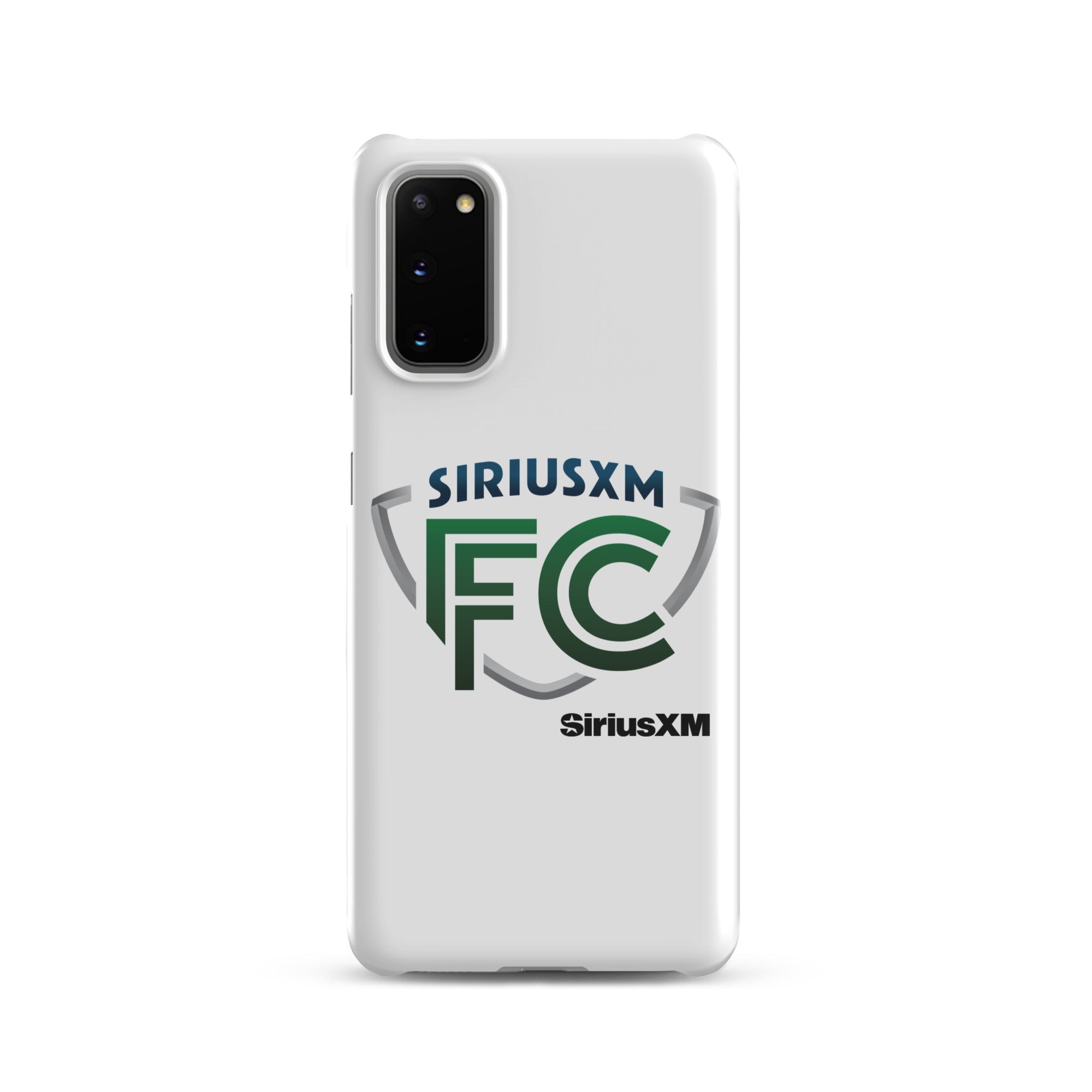 White phone case featuring 'SiriusXM FC' logo in green and blue.