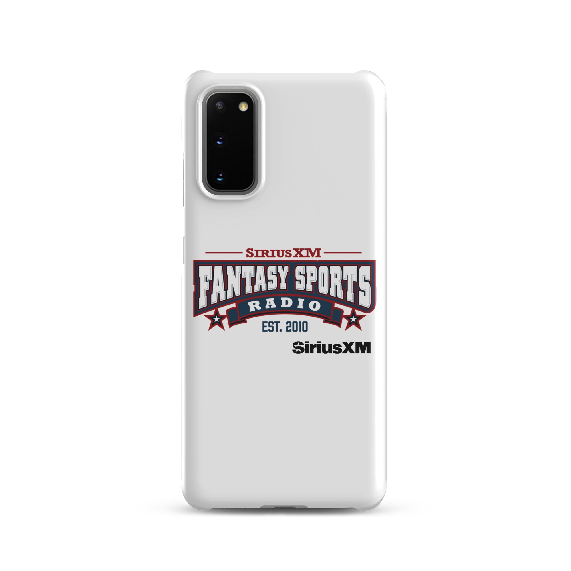 White phone case with 'SiriusXM Fantasy Sports Radio established 2010' logo, featuring red and blue design elements.