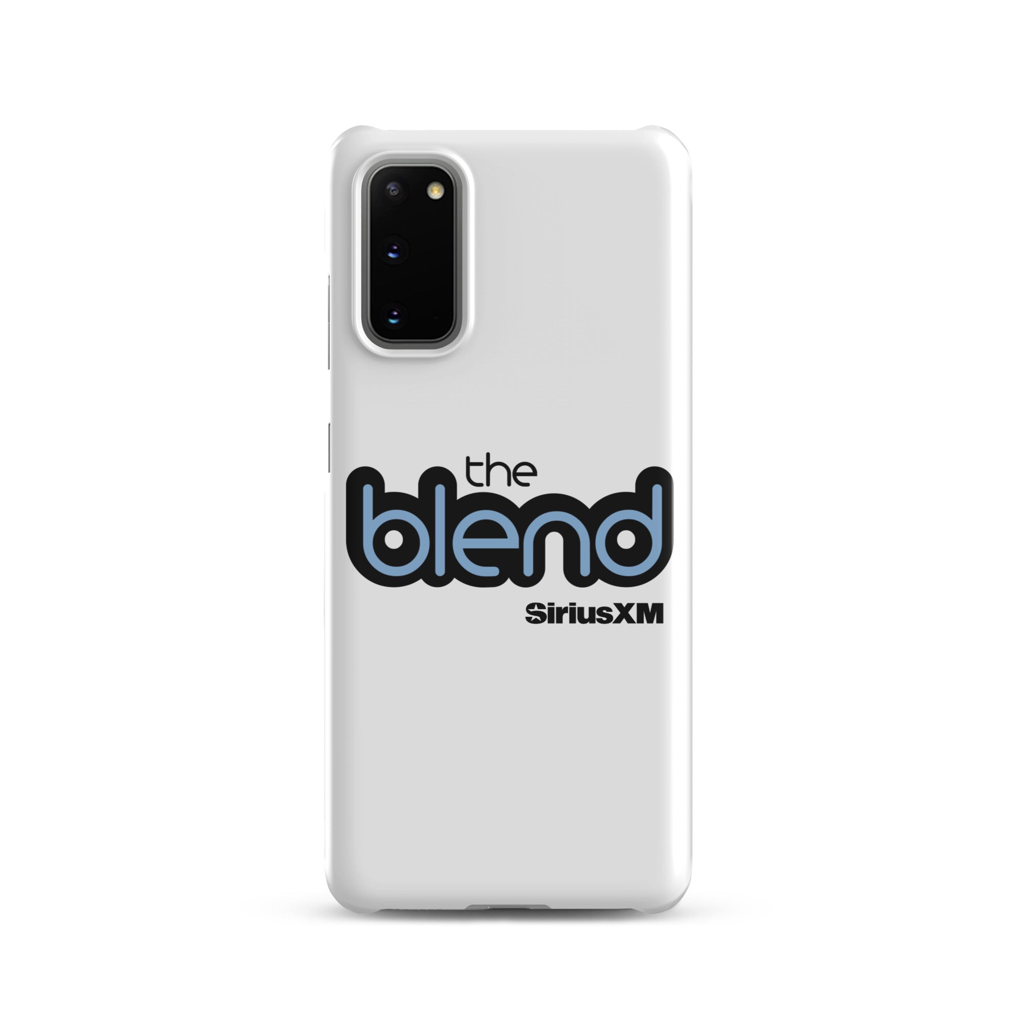 White phone case featuring the logo 'the blend' and 'SiriusXM' in blue and black text.