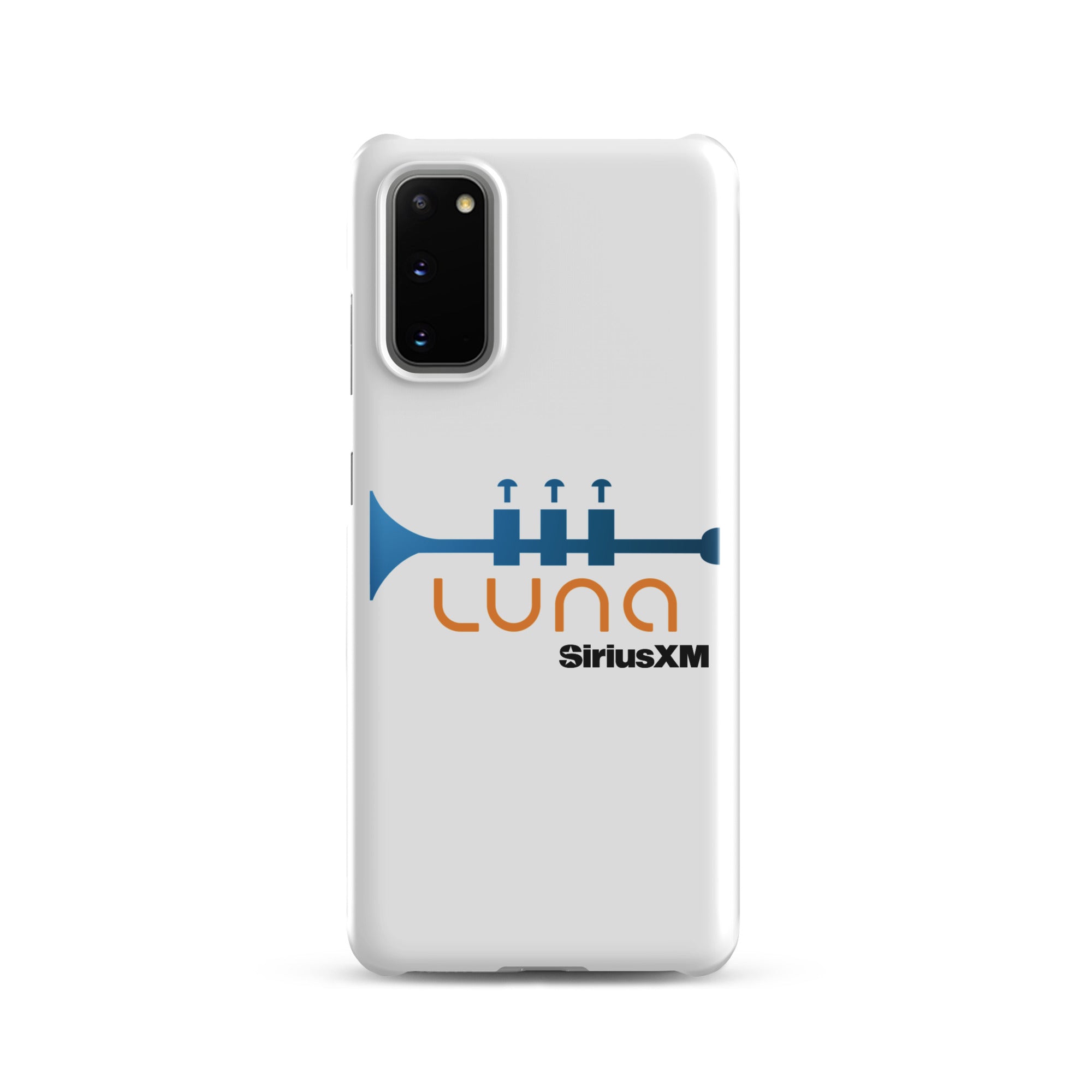 White phone case featuring a blue trumpet graphic and the logo 'LUNA SiriusXM' in orange and black.