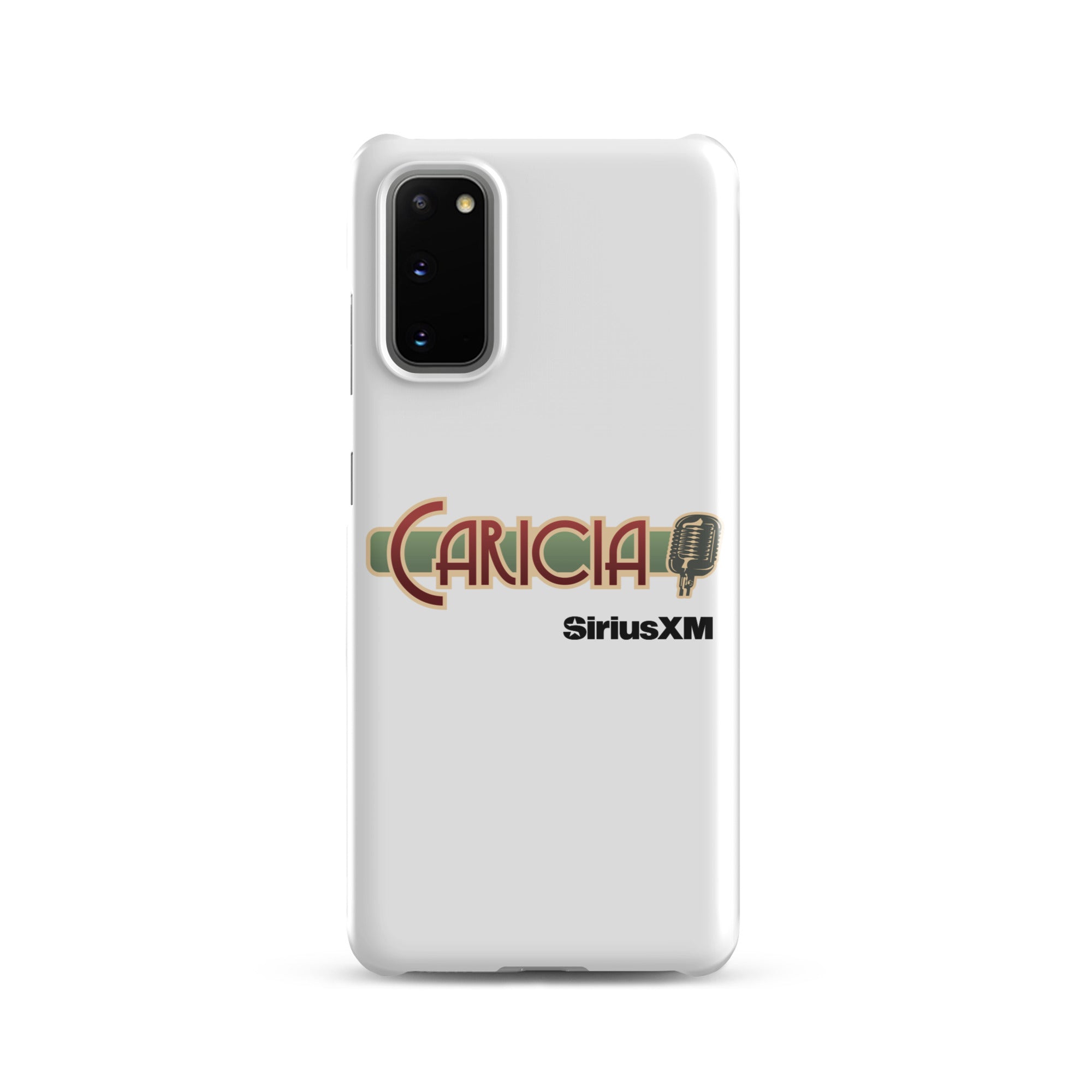 White phone case featuring the text 'CARICIA' and 'SiriusXM' with a microphone graphic.