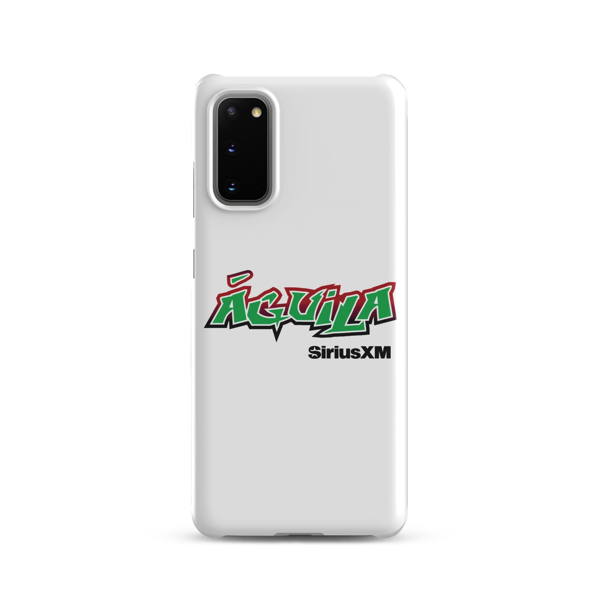 White smartphone case featuring 'Águila' in green and red text with 'SiriusXM' below.