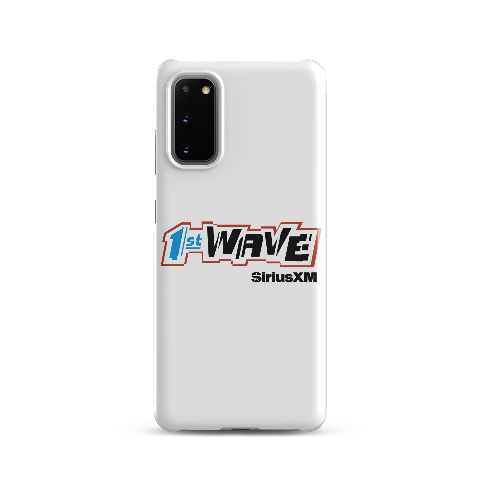 White phone case featuring 'SiriusXM 1st Wave' logo and black 'SiriusXM' branding.