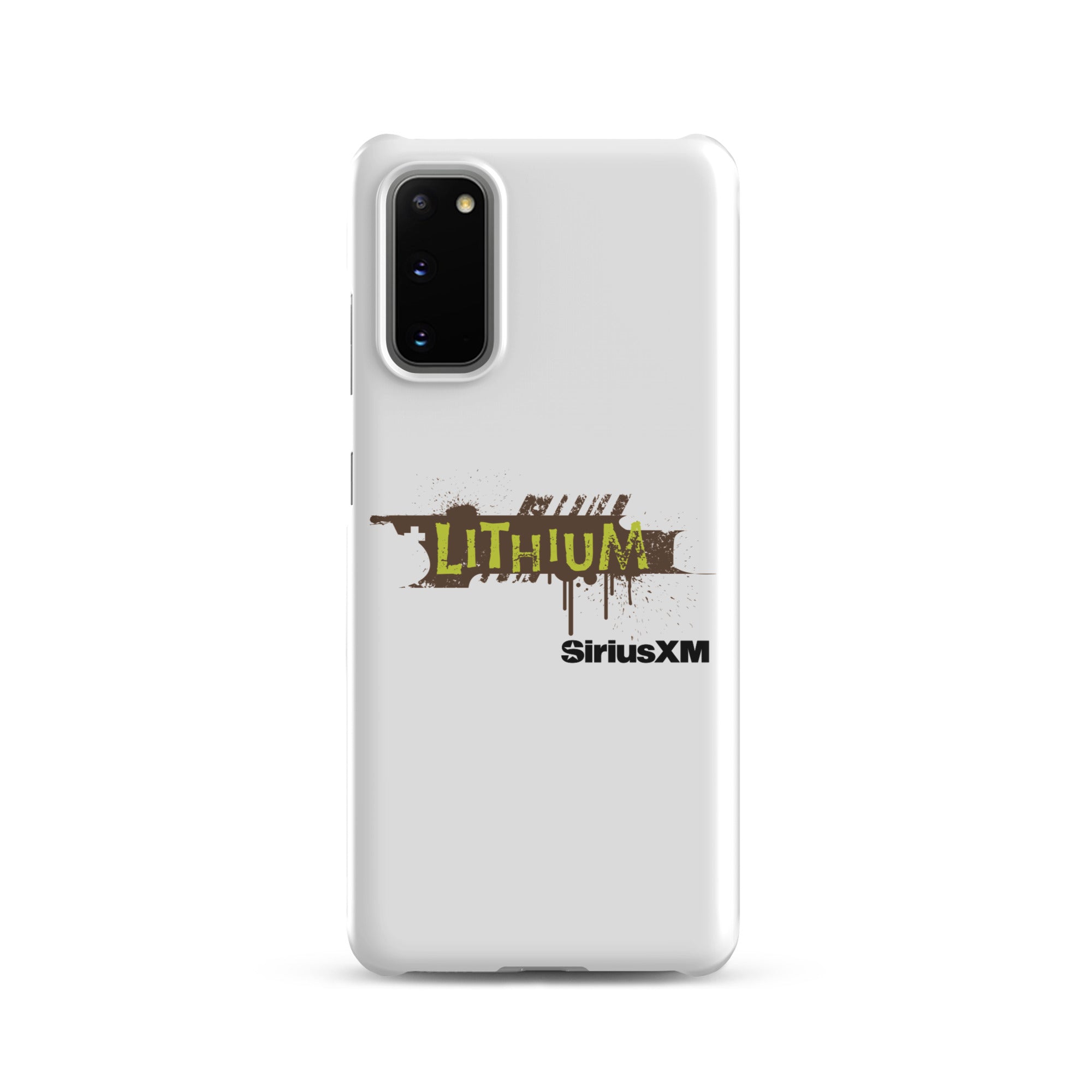 White phone case featuring 'LITHIUM' and 'SiriusXM' logos with a grunge design.