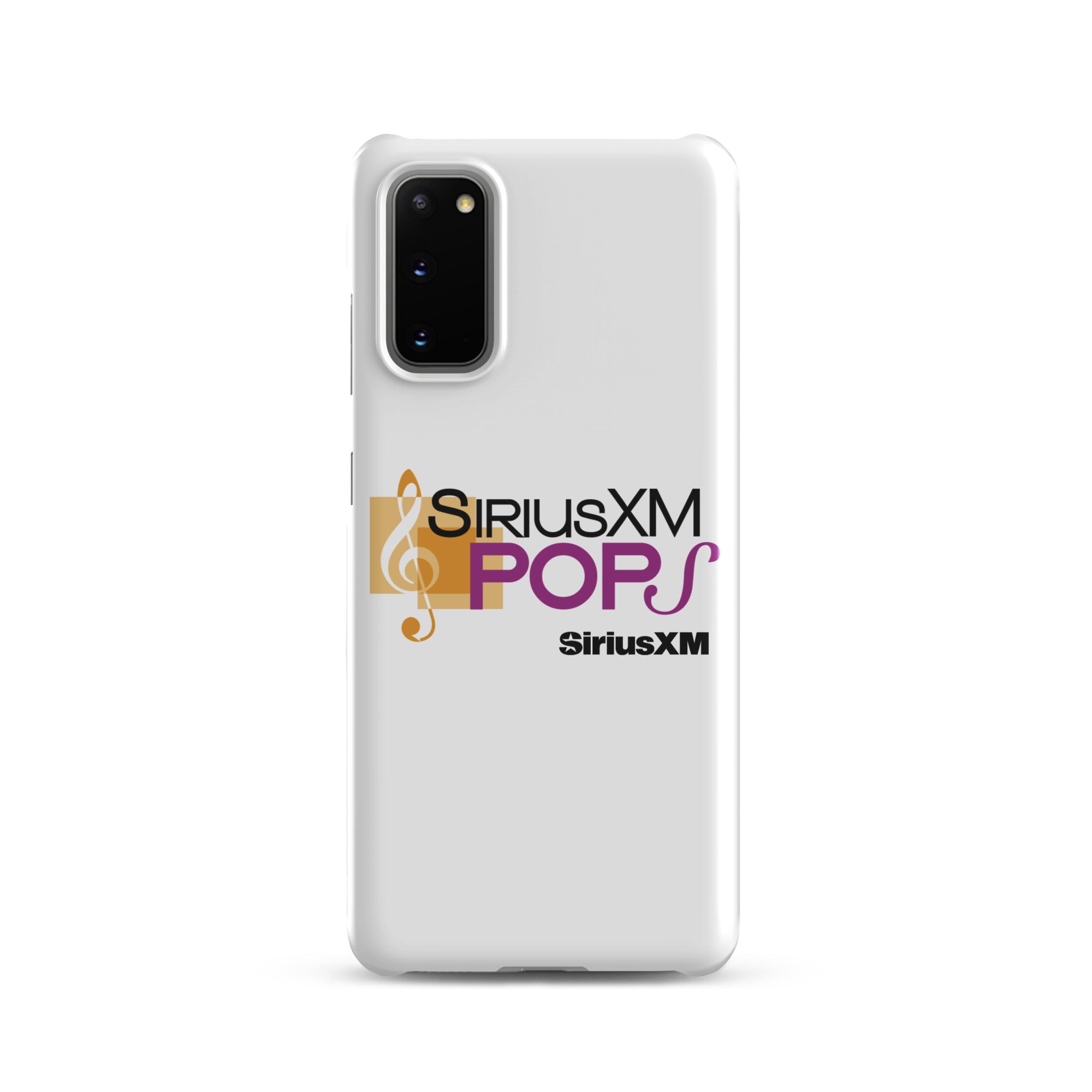 White phone case with 'SiriusXM Pops' logo featuring musical notes and 'SiriusXM' branding.