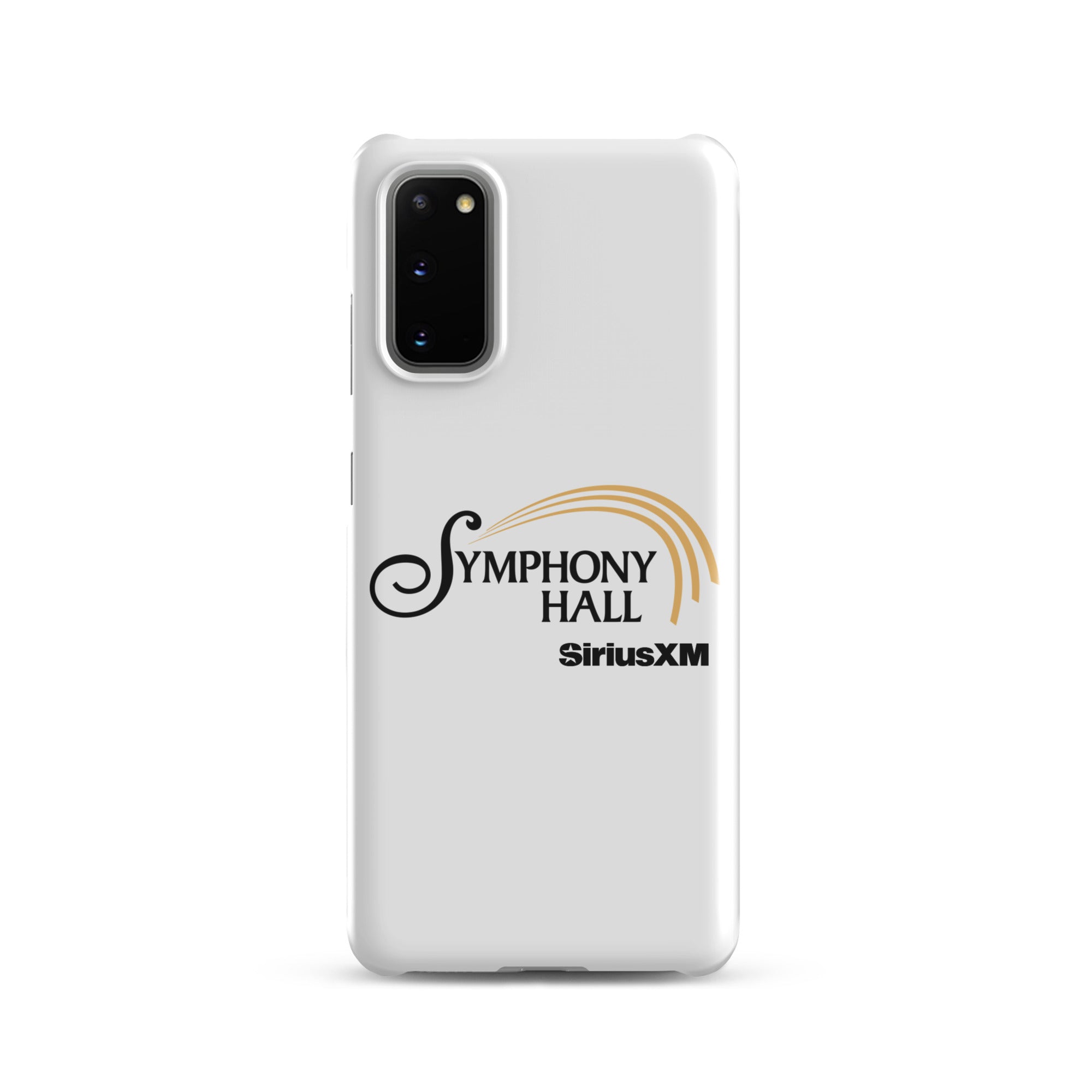 White phone case featuring the words 'Symphony Hall' and 'SiriusXM' in black and gold.