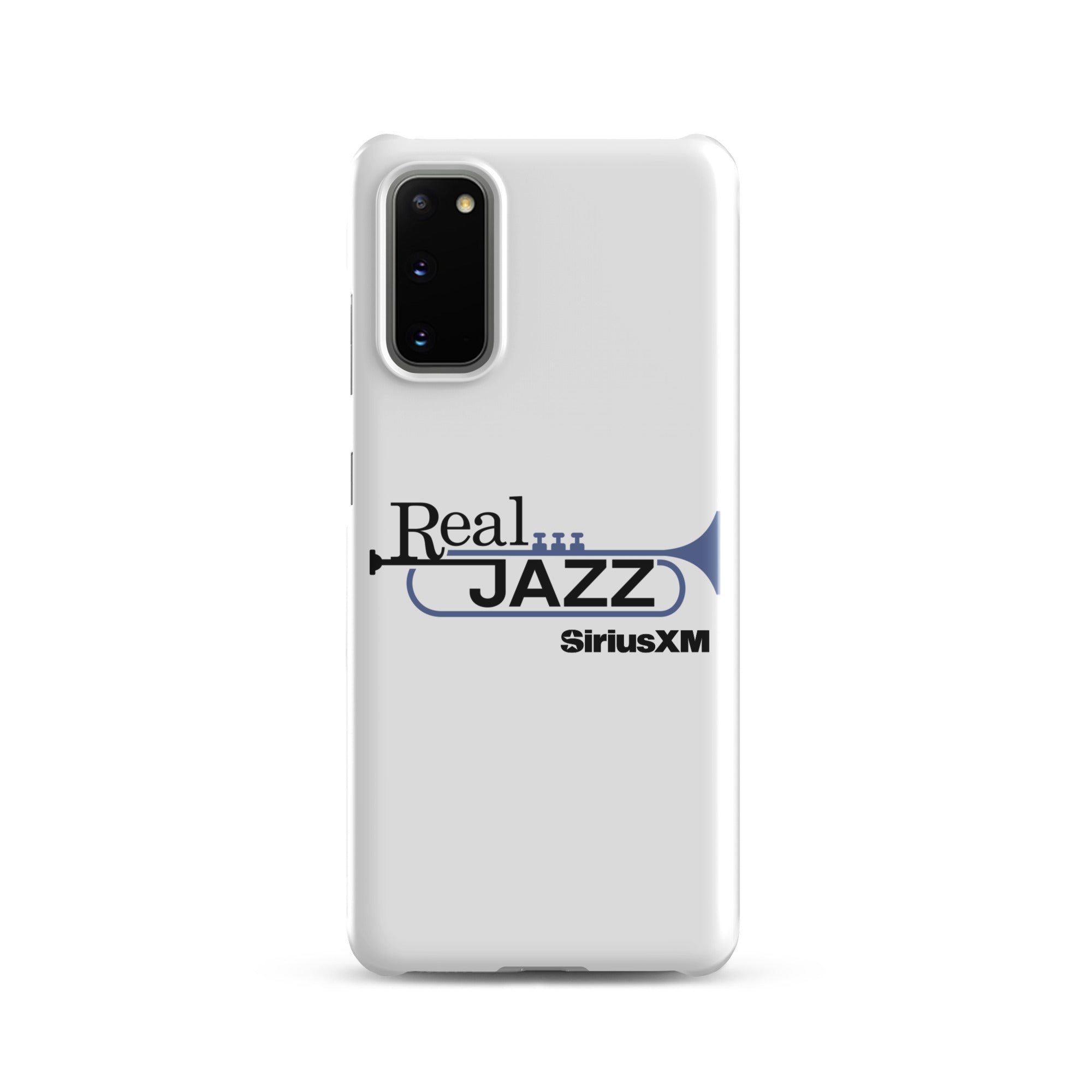 White phone case featuring 'Real Jazz' logo with trumpet and 'SiriusXM' text.