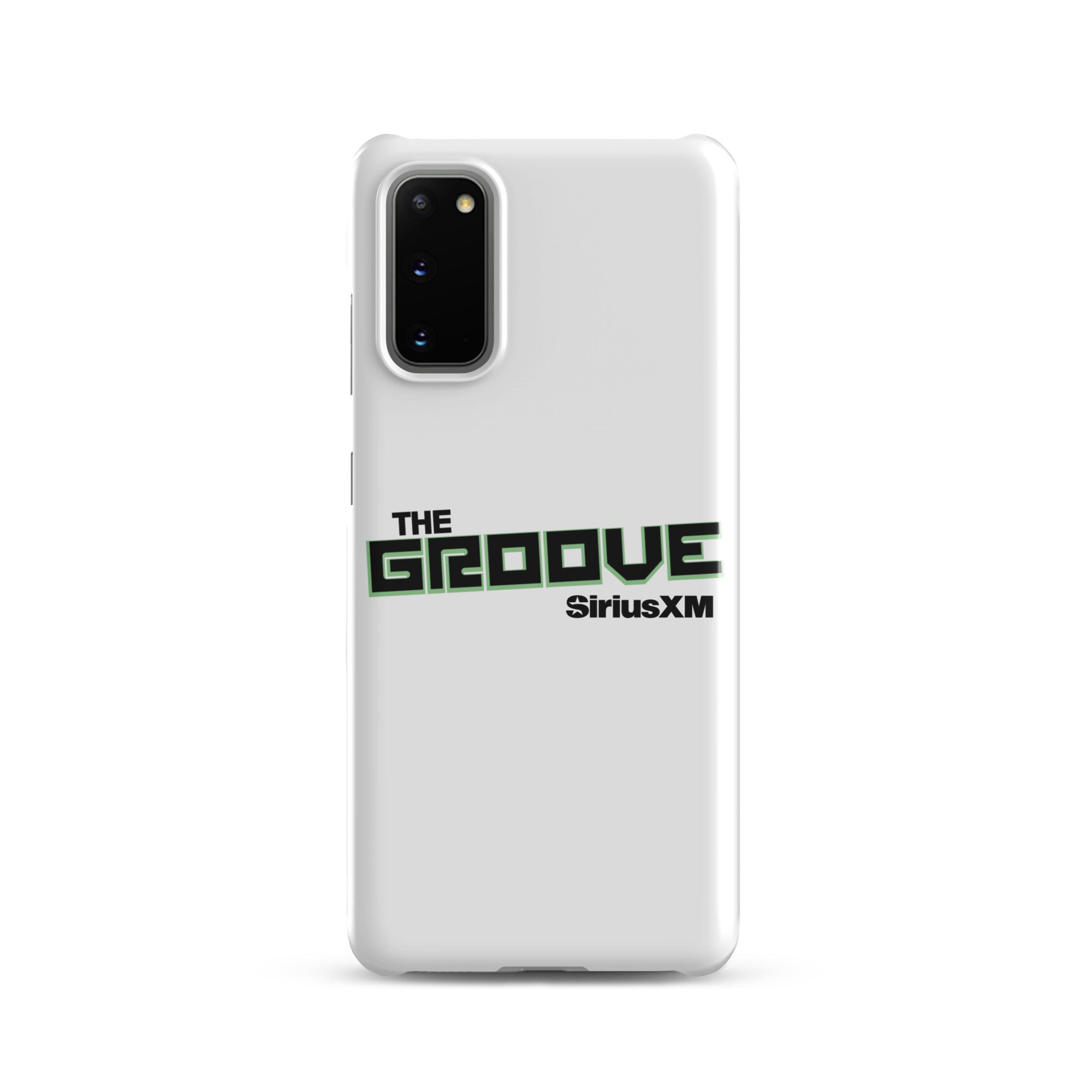 White phone case featuring 'THE GROOVE' and 'SiriusXM' logos in green and black.