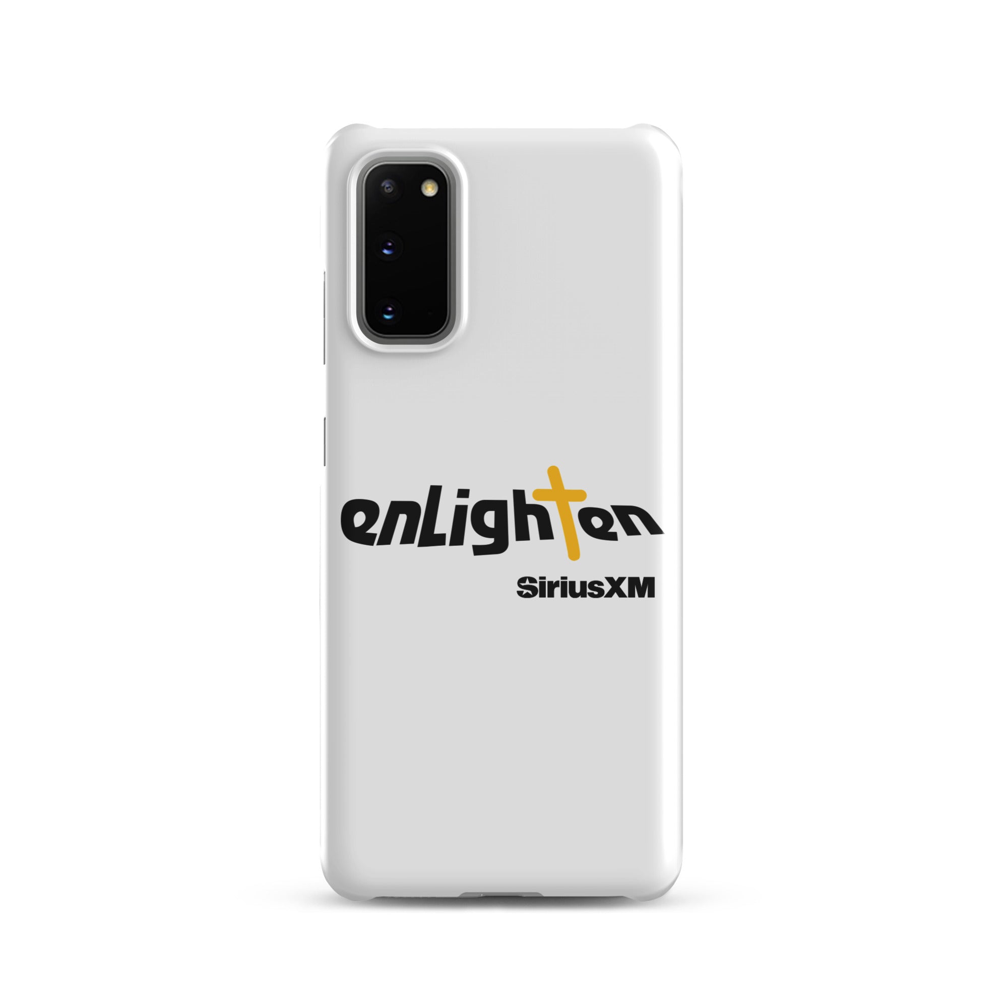 White smartphone case featuring 'enLighten' with black text and a yellow cross and 'SiriusXM' text.