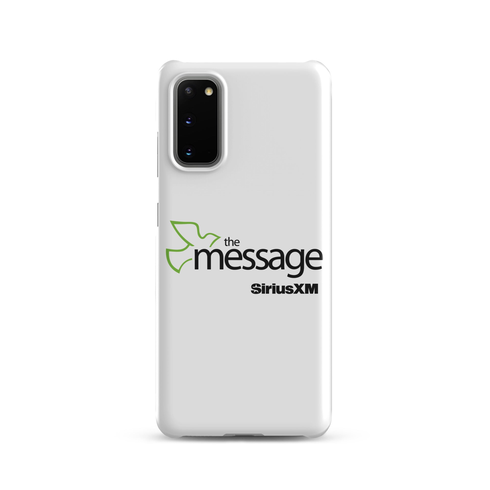 White phone case featuring 'the message' logo alongside 'SiriusXM' branding.