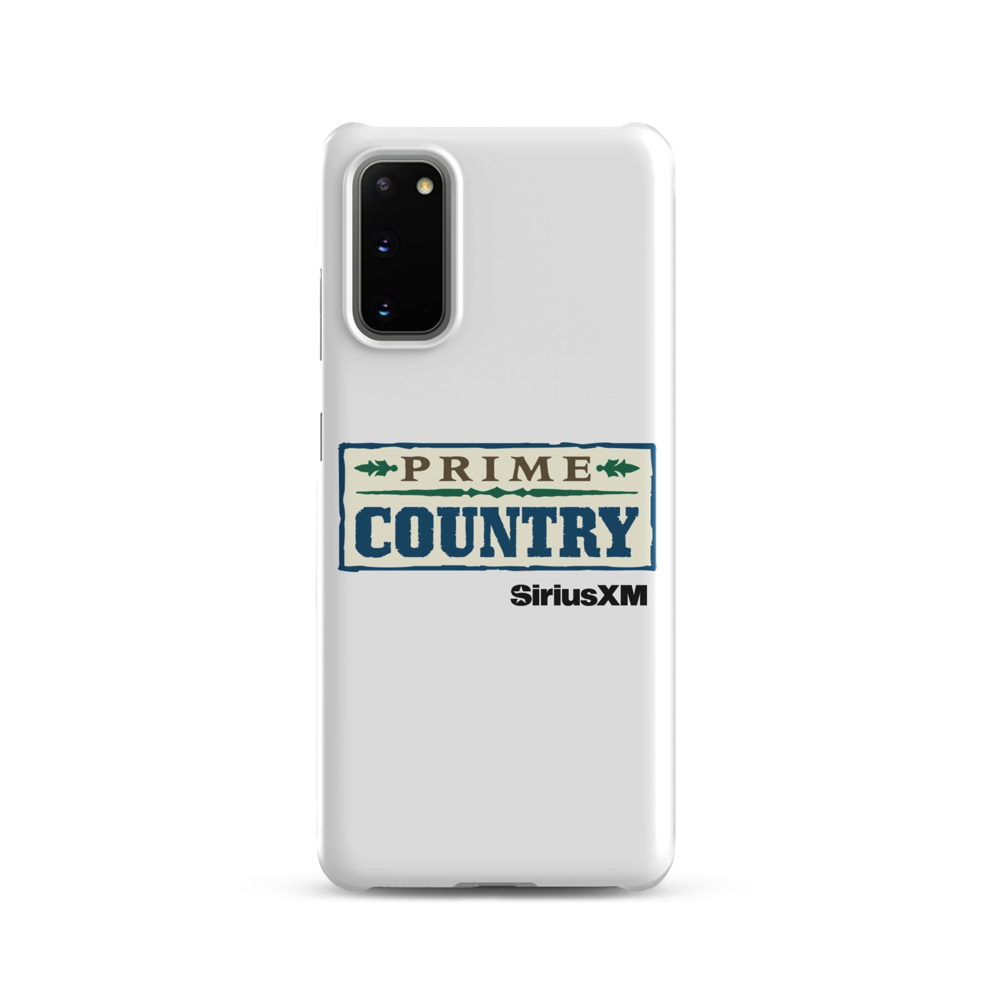 White phone case featuring the 'Prime Country' logo and 'SiriusXM' branding.