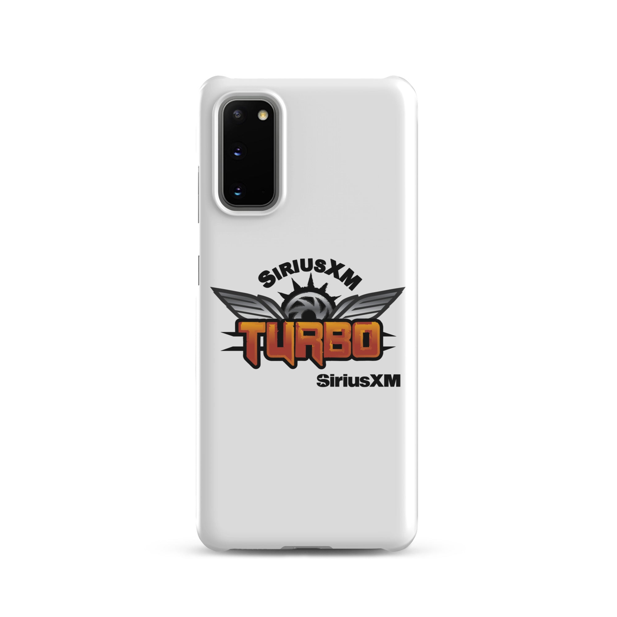 White phone case featuring 'SiriusXM Turbo' logo with wings and sun graphics and 'SiriusXM' branding.