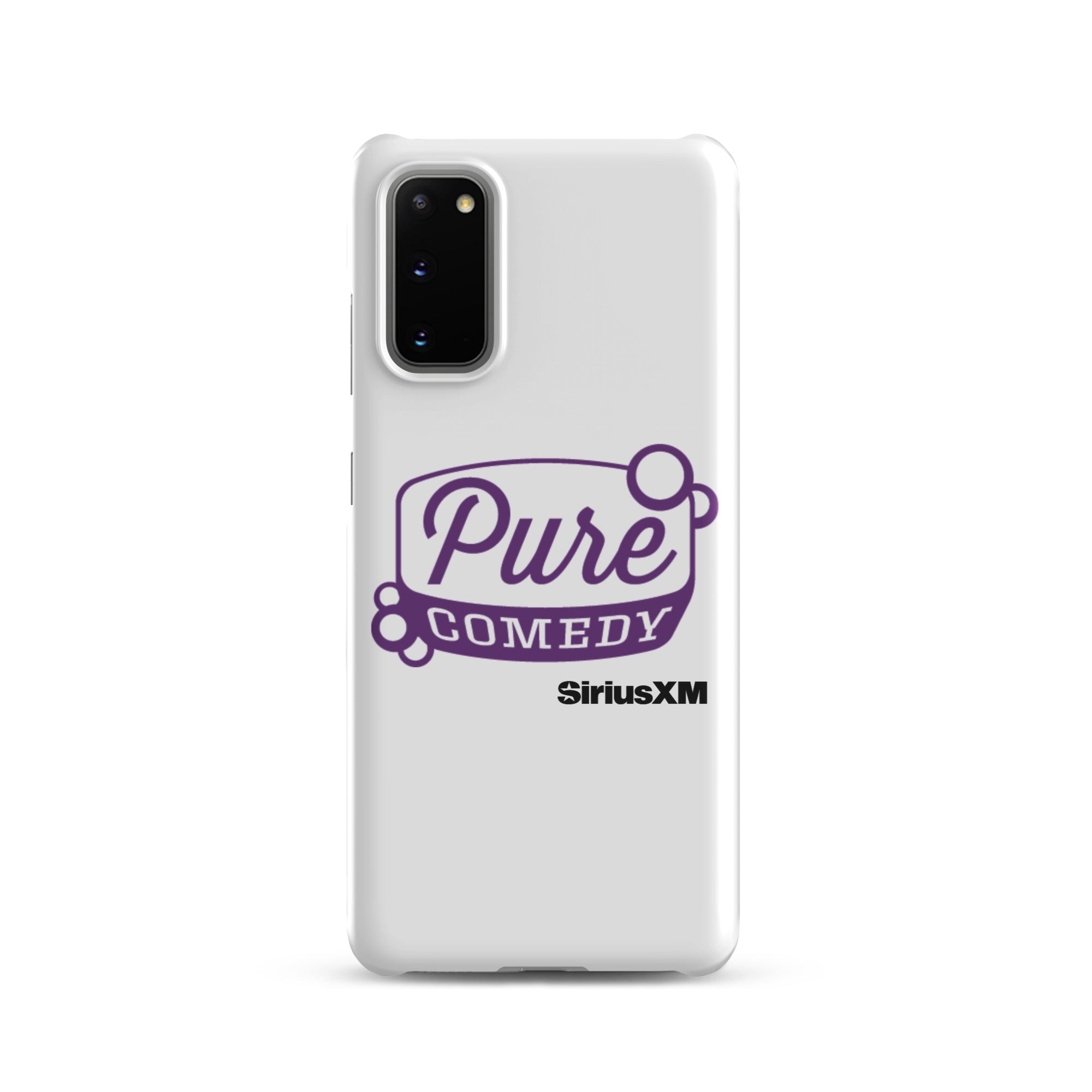 White phone case featuring 'Pure Comedy' in purple text and the 'SiriusXM' logo.