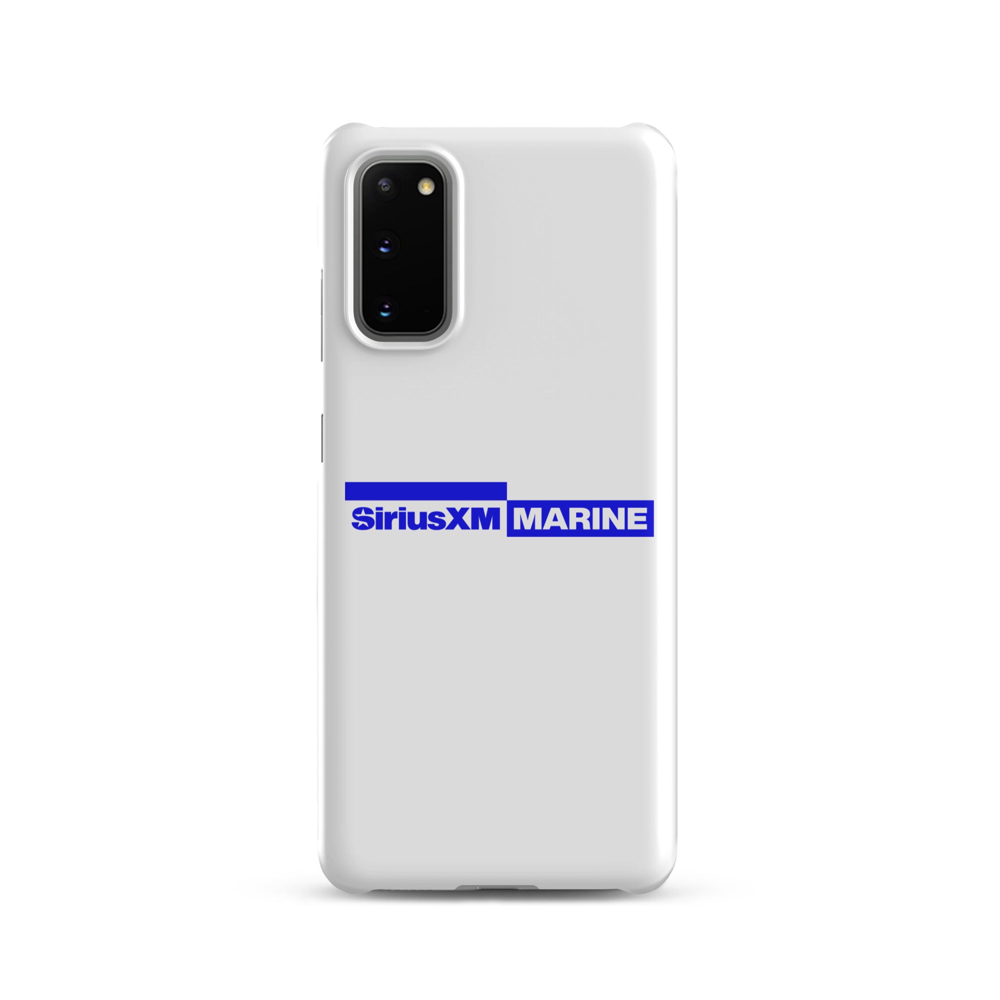 White phone case featuring the SiriusXM Marine logo in blue.